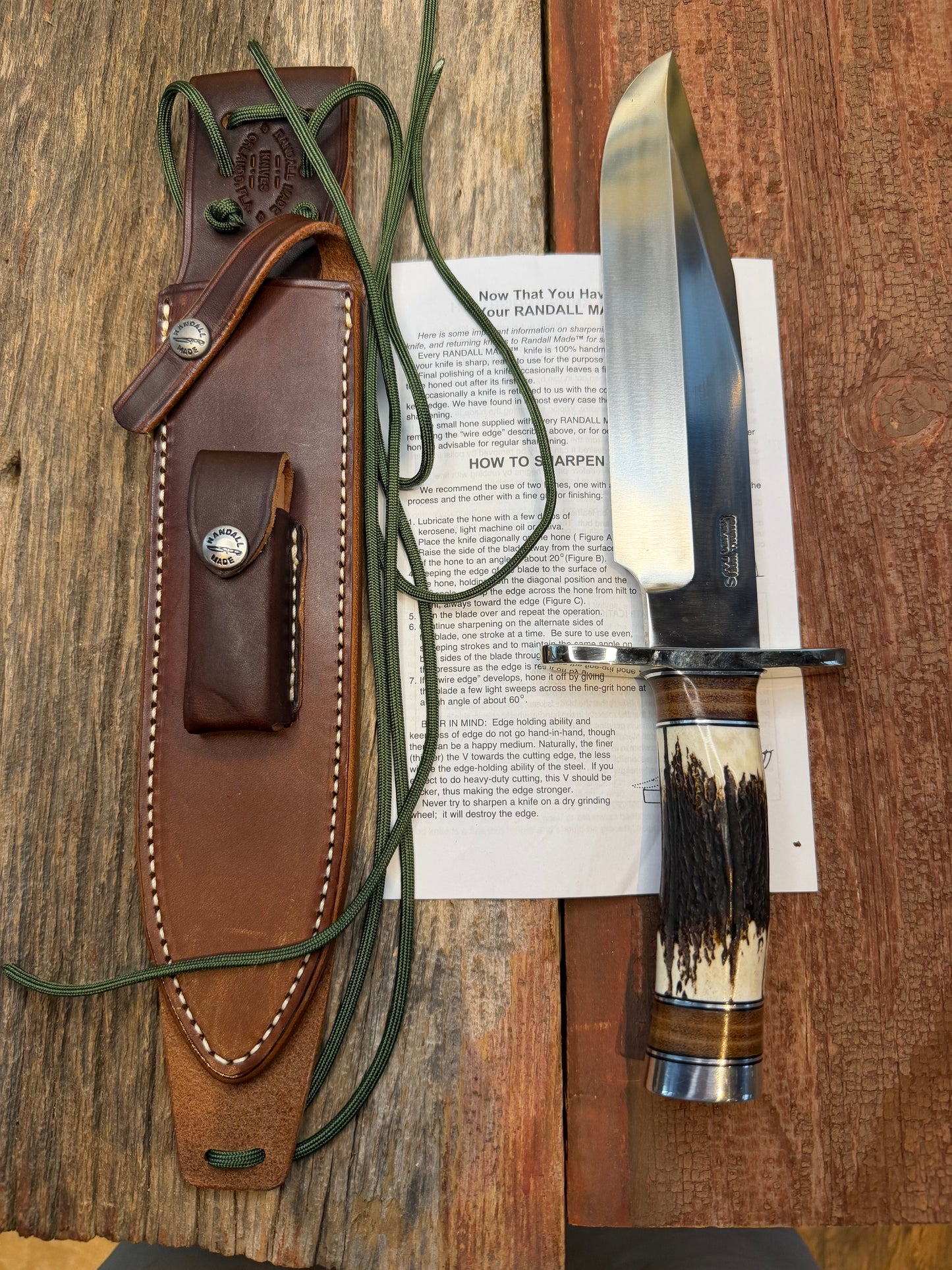 New Randall Knife Model 12-9/14 grind, Stainless Steel, stag and leather