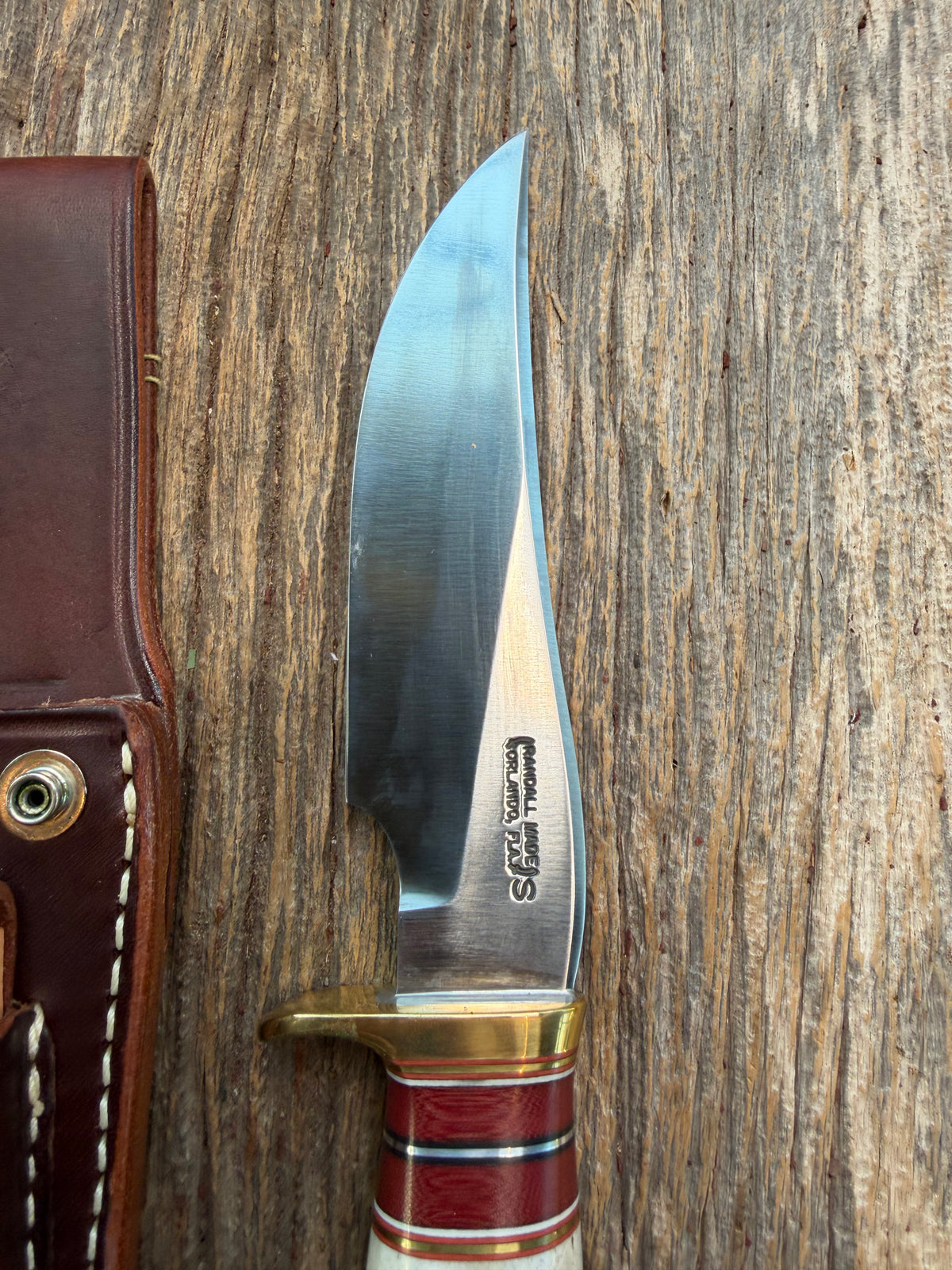 New Randall Made Knife Model 27-5 with a Stag handle, Stainless, brass single Hilt, red and aluminum spacers, loaded!!