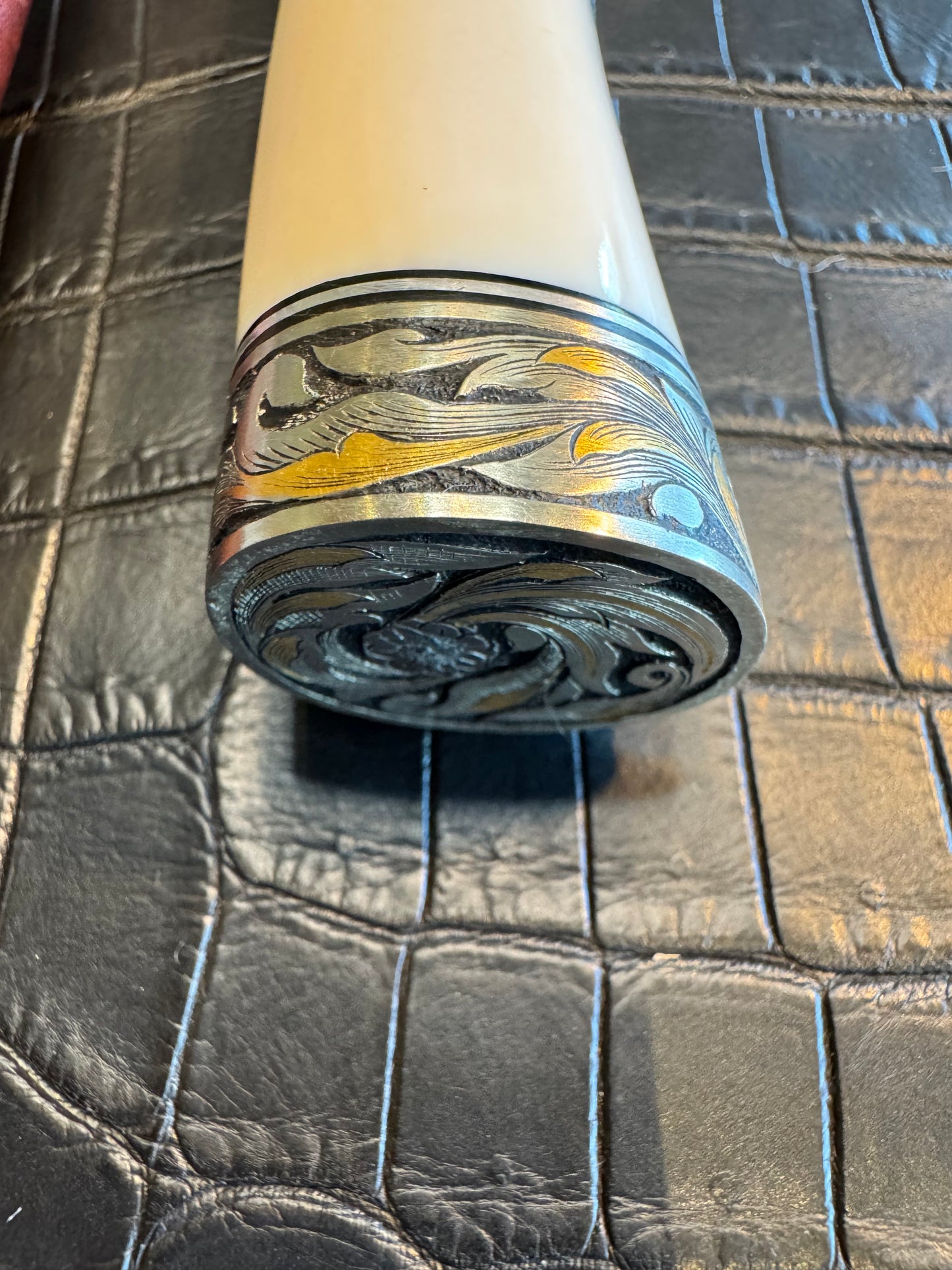 Randall Model 26 in Elephant Ivory, Gold and Silver Engraved, Nickel Silver Single Hilt and Butt cap fully engraved.