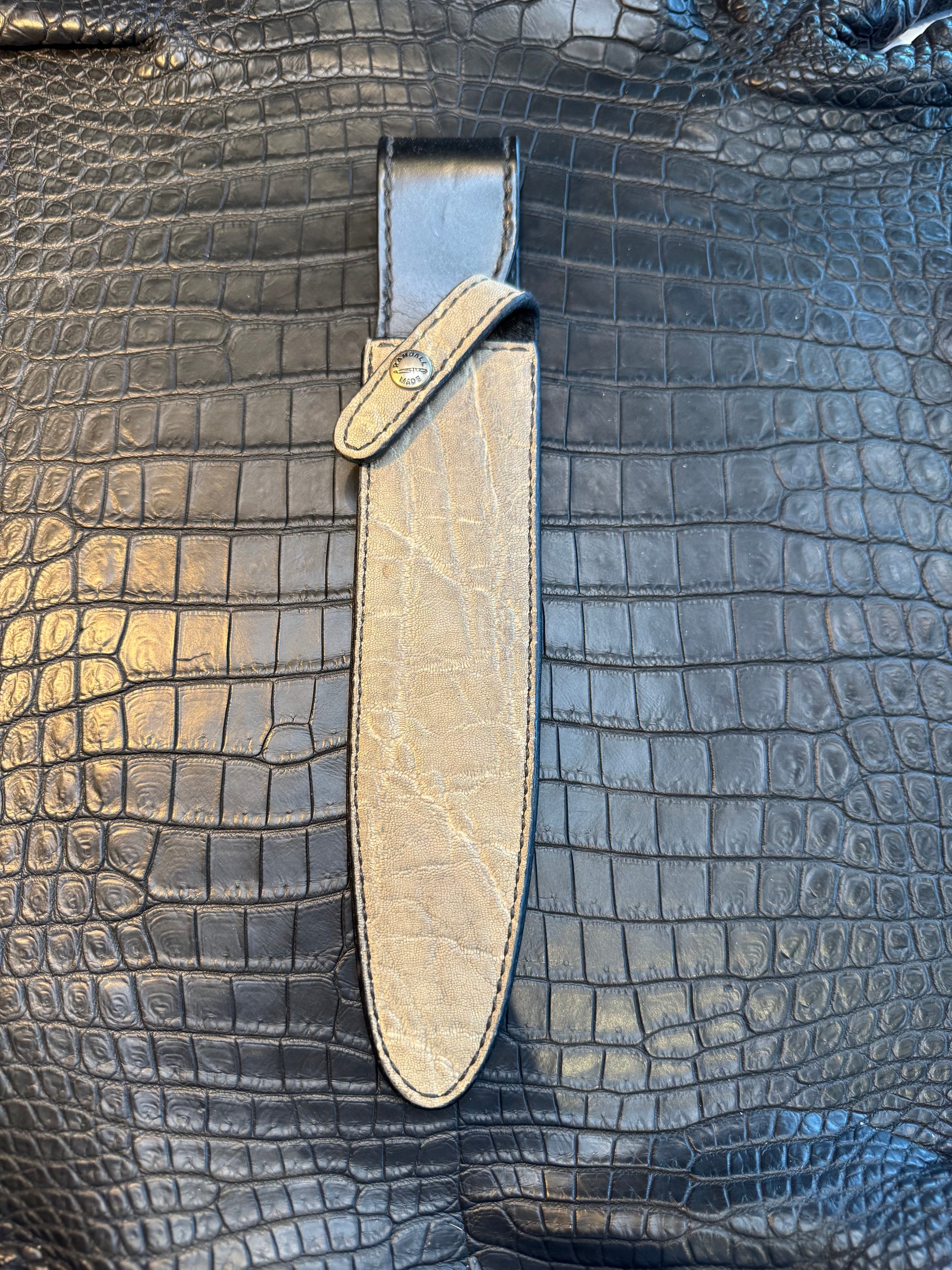 Randall Model 2-8 Sheath in Exotic Gray Elephant Custom Made at Sullivan’s by Gutcher.
