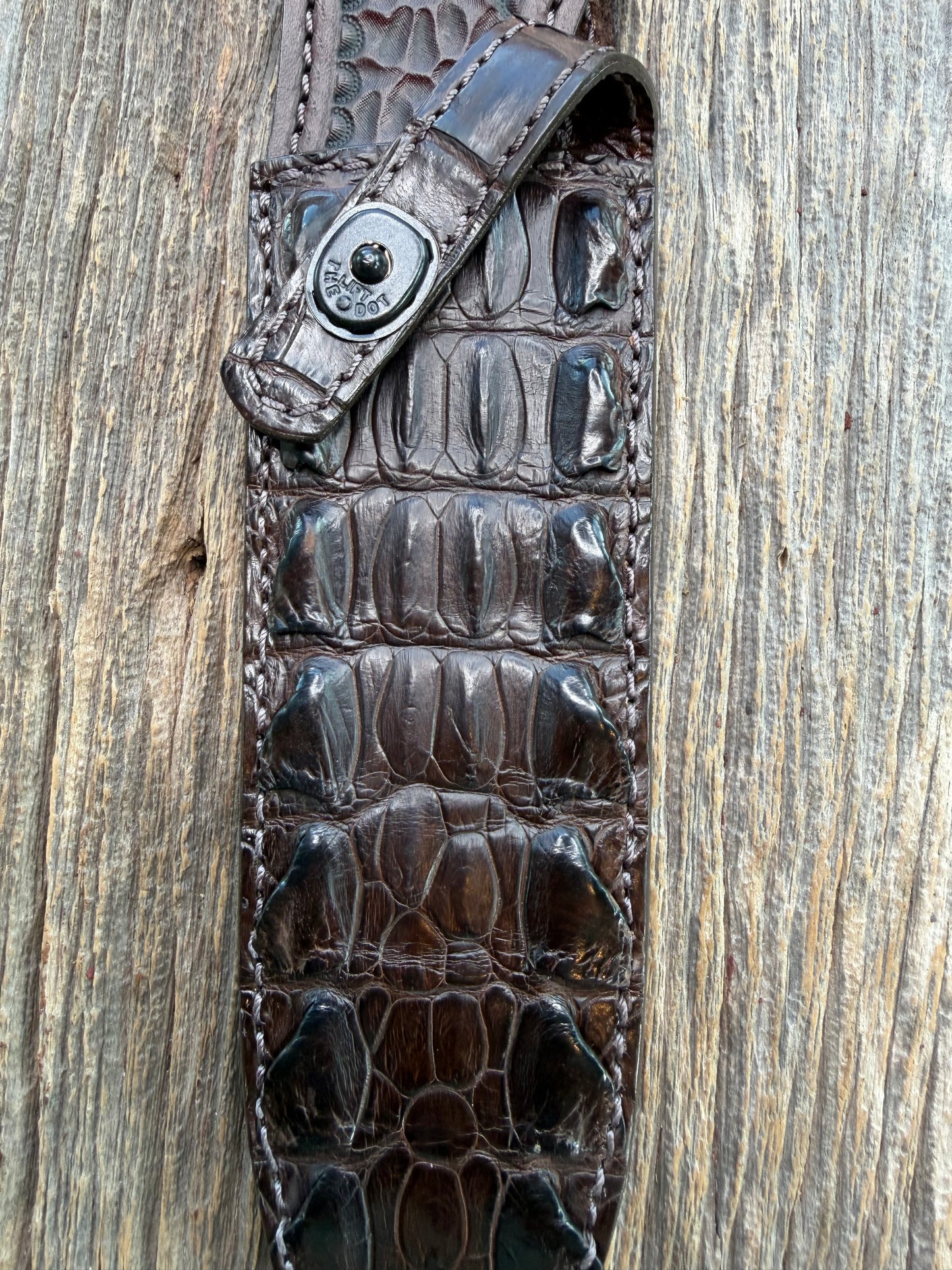 New Randall Model TC Clinton Special Sheath in Exotic Chocolate Brown Matte Crocodile Tail from Treeman with the newest Black Canteen snap. Killer sheath.