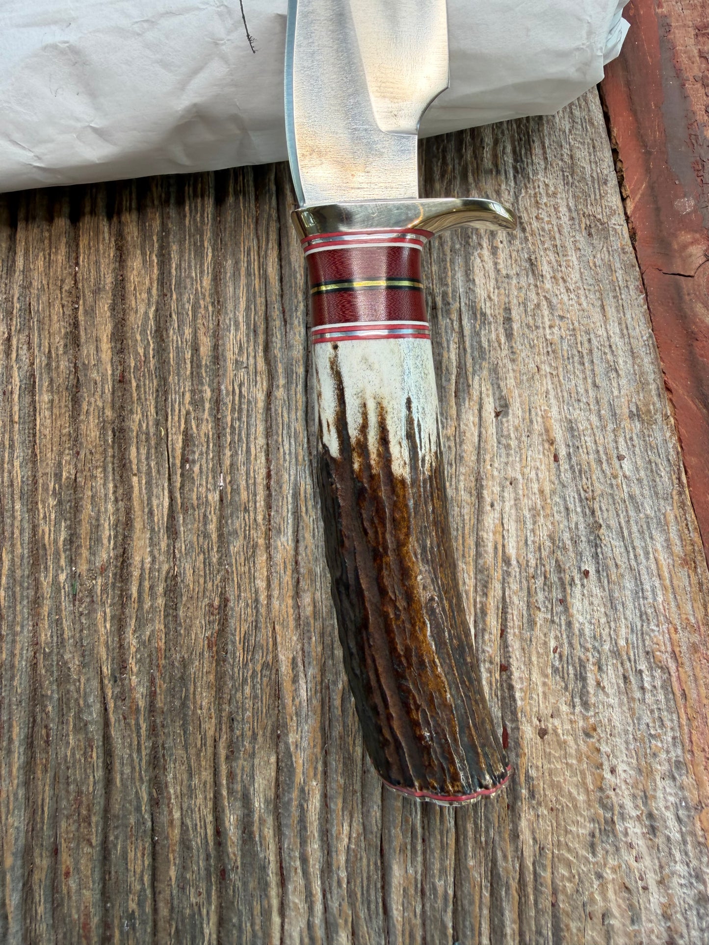 New in Paper Randall Made Knife Model 27-5 with a Stag handle, Stainless, Nickel silver single Hilt, red and aluminum spacers, loaded!!