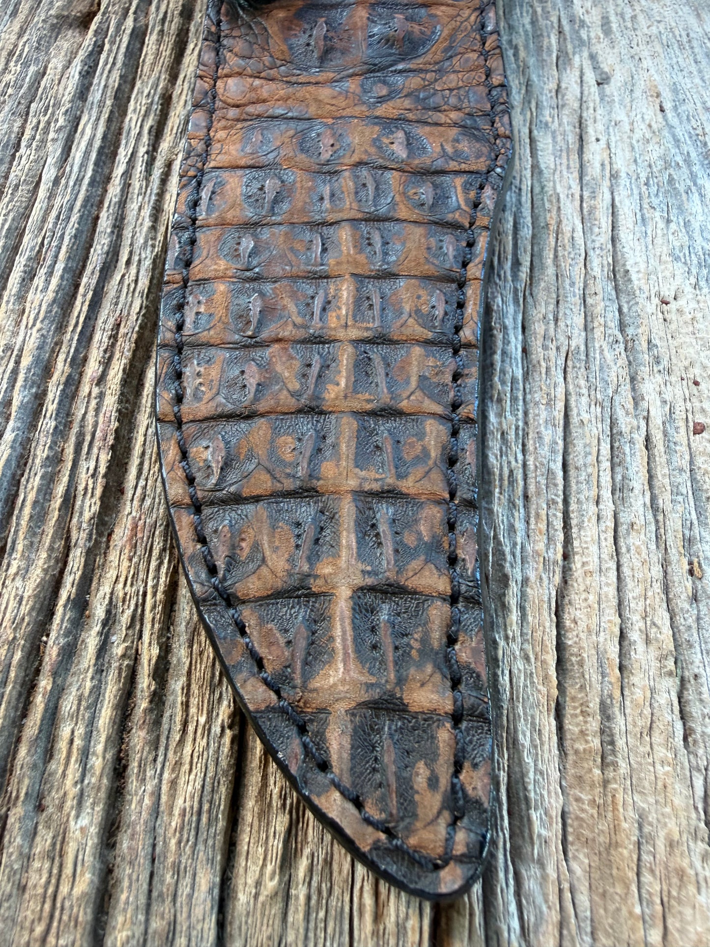 New Randall Model 12-8 Big Bear Sheath in Exotic Dark Brown Sueded Crocodile ( Skull and Hornback) from Treeman with the newest Black Canteen snap.