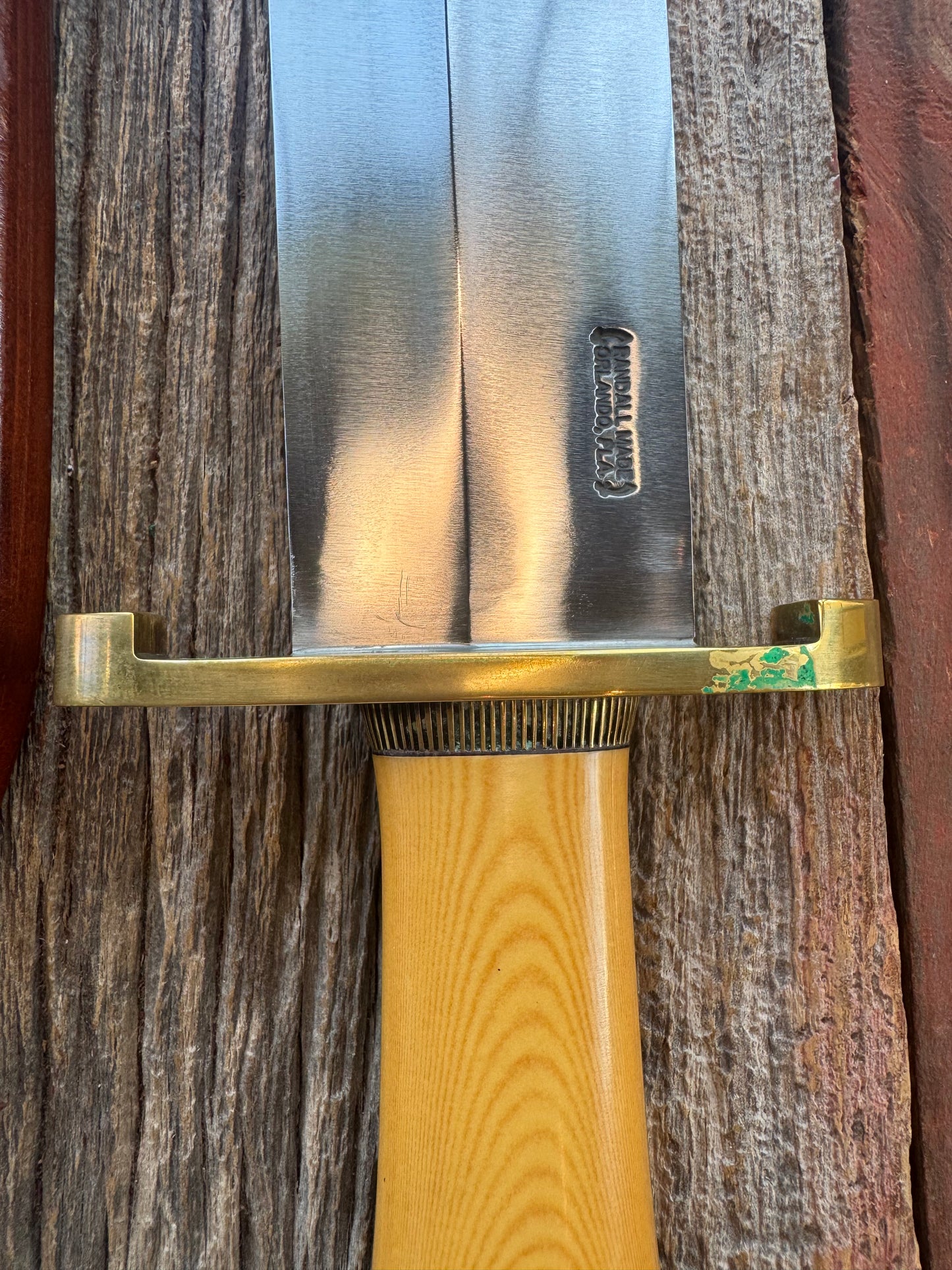 Randall Model Smithsonian in Yellow Westinghouse Micarta, Brass Lugged Hilt, Scalloped Collar and butt cap, Johnson Roughback sheath.