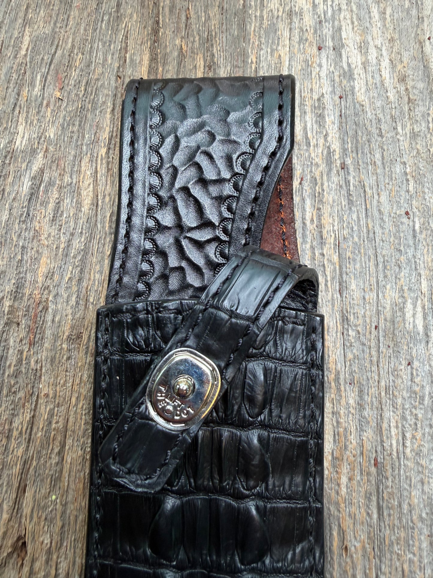 Randall Model 12-9 Sheath in Exotic Black Crocodile tail by Treeman. FCH and a silver canteen snap…