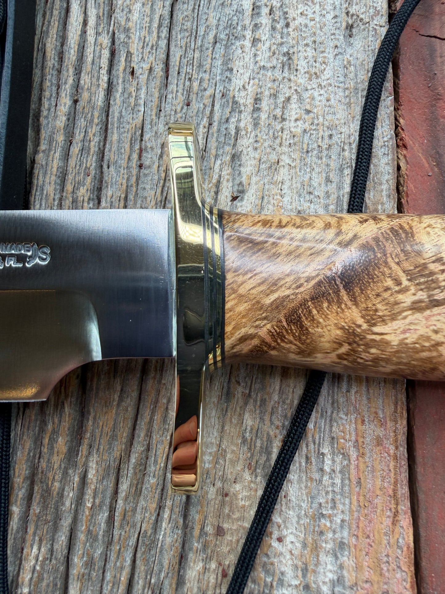 New in Paper Randall Knife 12-9 Spalted Maple wood handle, Double Brass Hilt + Crows Beak Butt Cap, Stainless Steel.