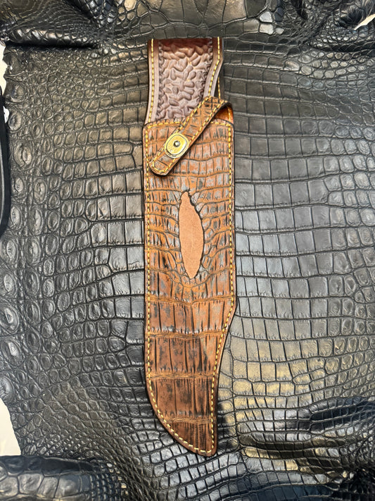 Randall Model 12-11 Smithsonian “Smitty” Exotic Sheath in Brown Antique Safari Crocodile Anus with a Hippo Insert by Treeman.