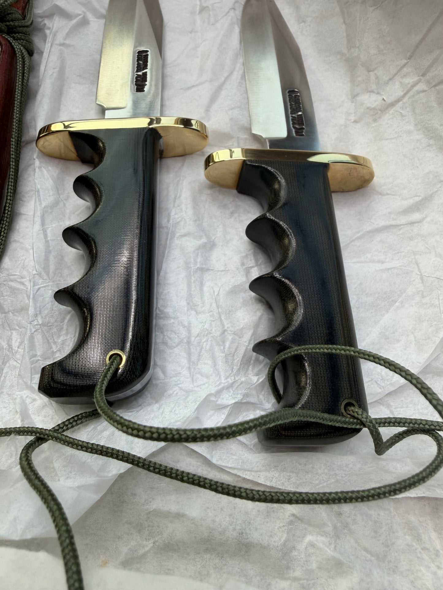 New in Paper a Pair of Sequentially numbered Randall Made Knife Mini Model 14’s Attack Knife Black Micarta SN # 1413 and # 1414
