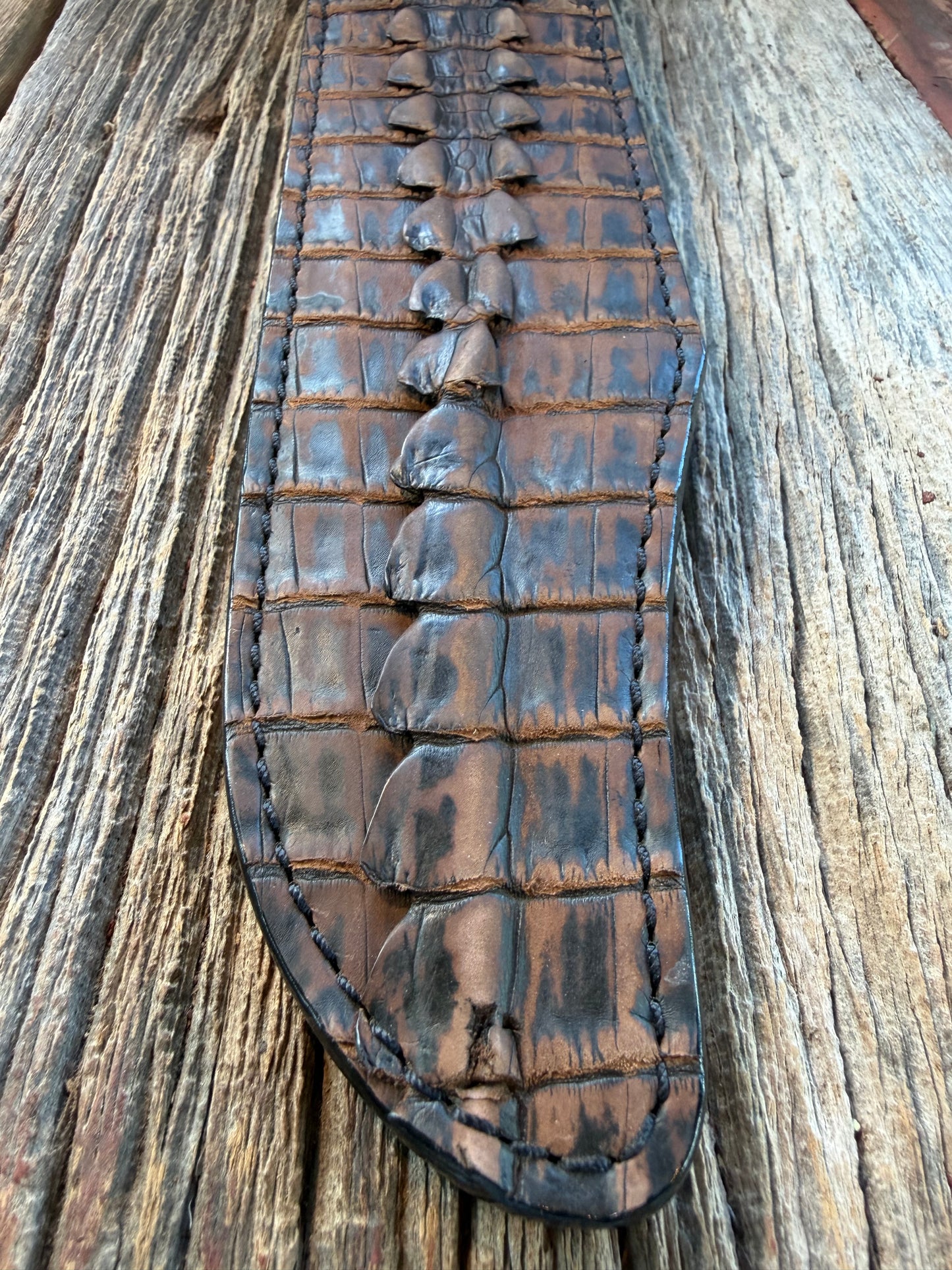 New Randall Model Confederate Sheath in Exotic Dark Brown Sueded Crocodile Tail from Treeman with the newest Black Canteen snap.