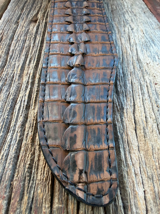 New Randall Model Confederate Sheath in Exotic Dark Brown Sueded Crocodile Tail from Treeman with the newest Black Canteen snap.