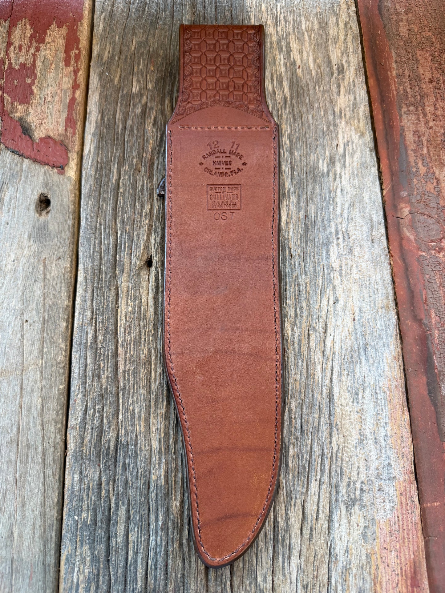 New Randall Model 12-11 Smithsonian “Smitty” Sheath in Exotic cream colored Ostrich Leg ( very rare) Custom Made at Sullivan’s by Gutcher.