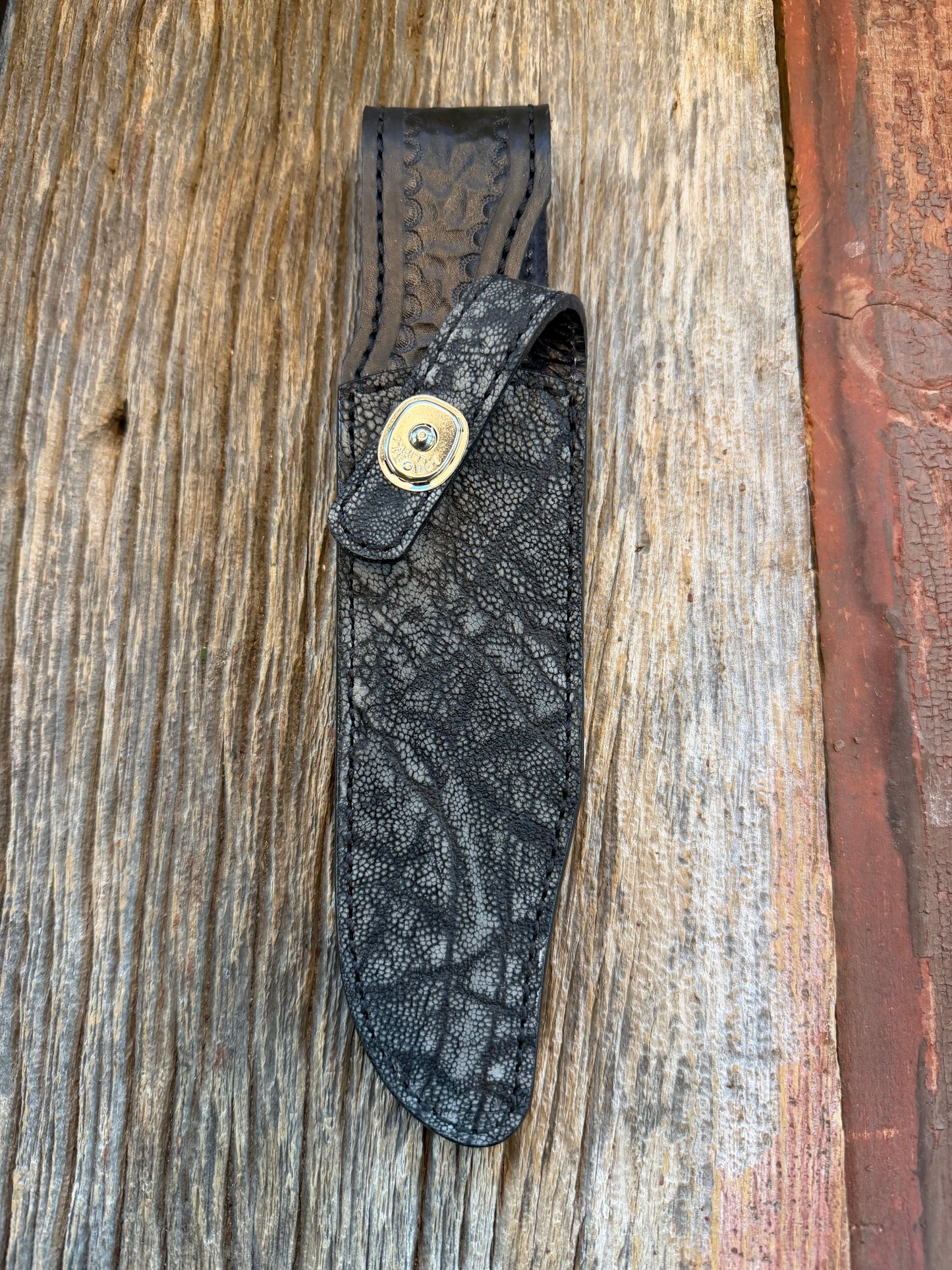 Randall Model Buxton Fighter “Dealer Special” Exotic Sheath in Black Elephant Trunk by Treeman.