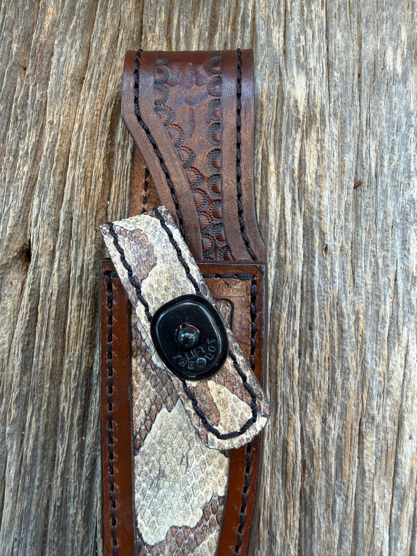Randall Model 8-4 Sheath in Exotic Southern Copperhead from Treeman Sheaths. Black Canteen Snap. Stunning colors and pattern.