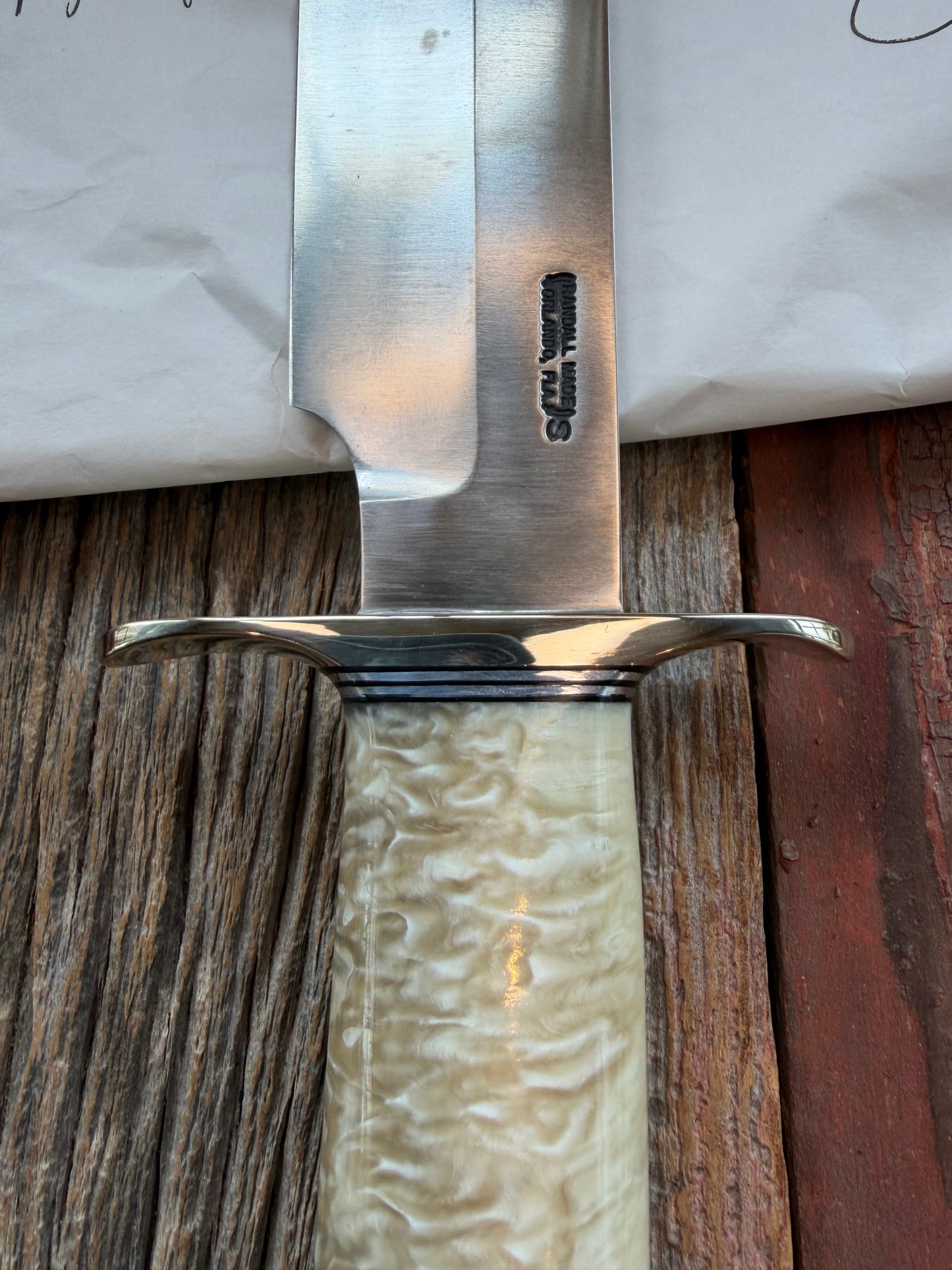 New in Butchers paper Randall Model 12-9/14 Grind with a Huge piece of Musk Ox. Nickel Silver Hilt and raw natural end.