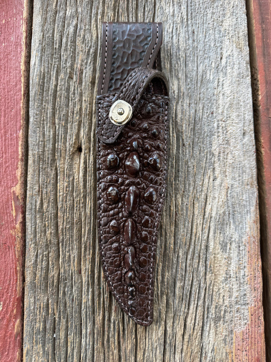 Randall Model 12-8 “Big Bear” Sheath in Exotic Dark Brown Snapping Turtle by Treeman. Spiked Dragon tail portion of the turtle.
