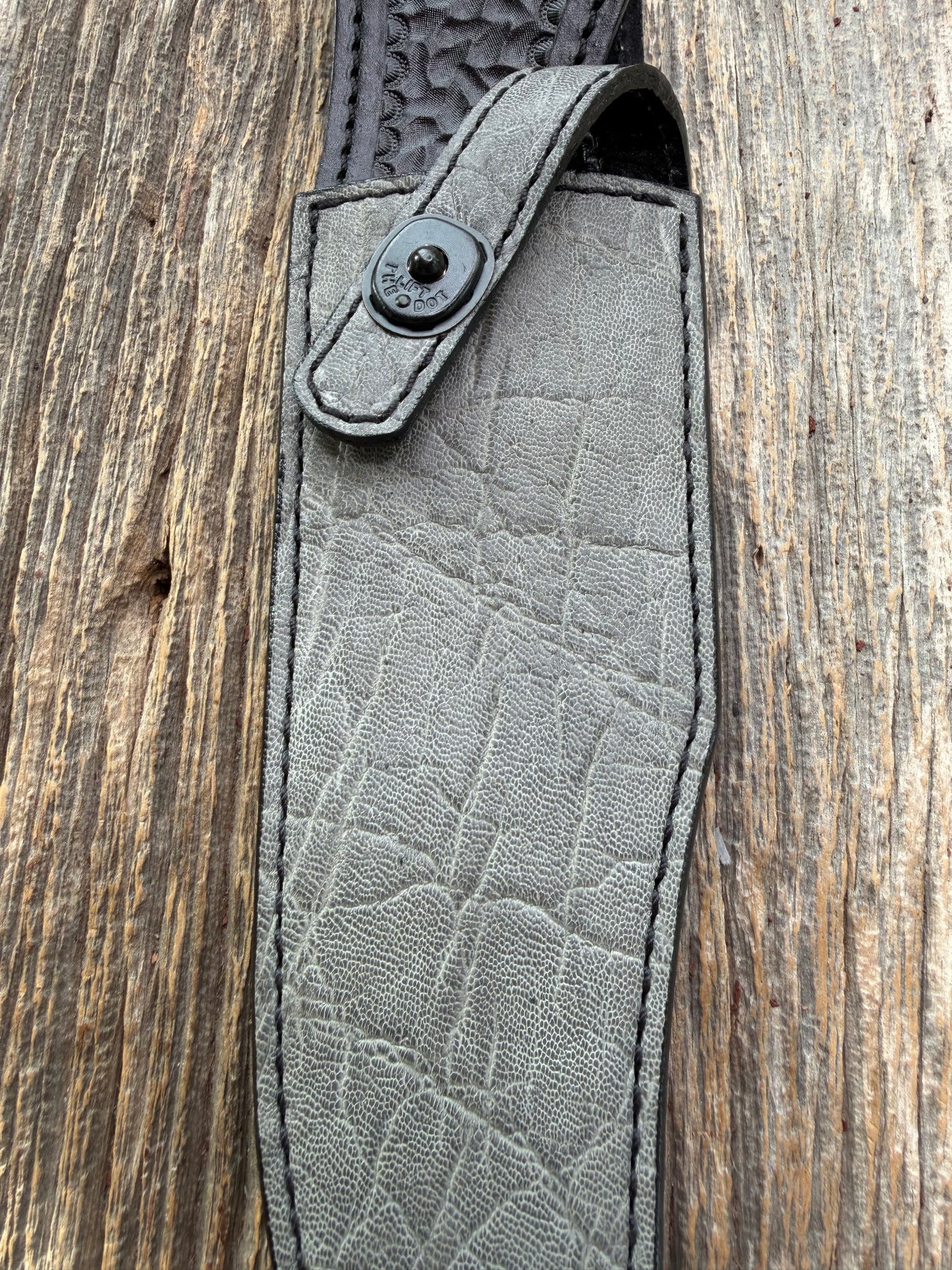 New Randall Model 12-8 Big Bear Sheath in Exotic thick and textured Grey Elephant Hide on black leather from Treeman with a black Canteen snap. Hand tooled belt loop. Killer sheath.
