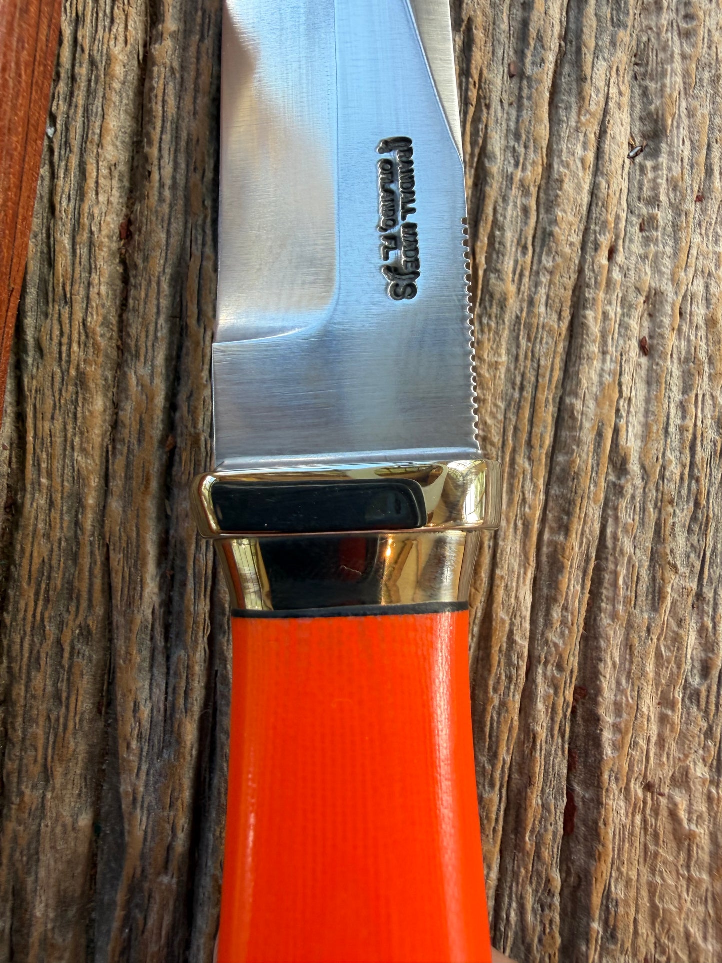 New Randall Model “Gambler” 4 Inch in an Orange G-10 Micarta handle, Nickel Hilt and collar Stainless steel blade, rounded nickel silver butt cap. Loaded!!