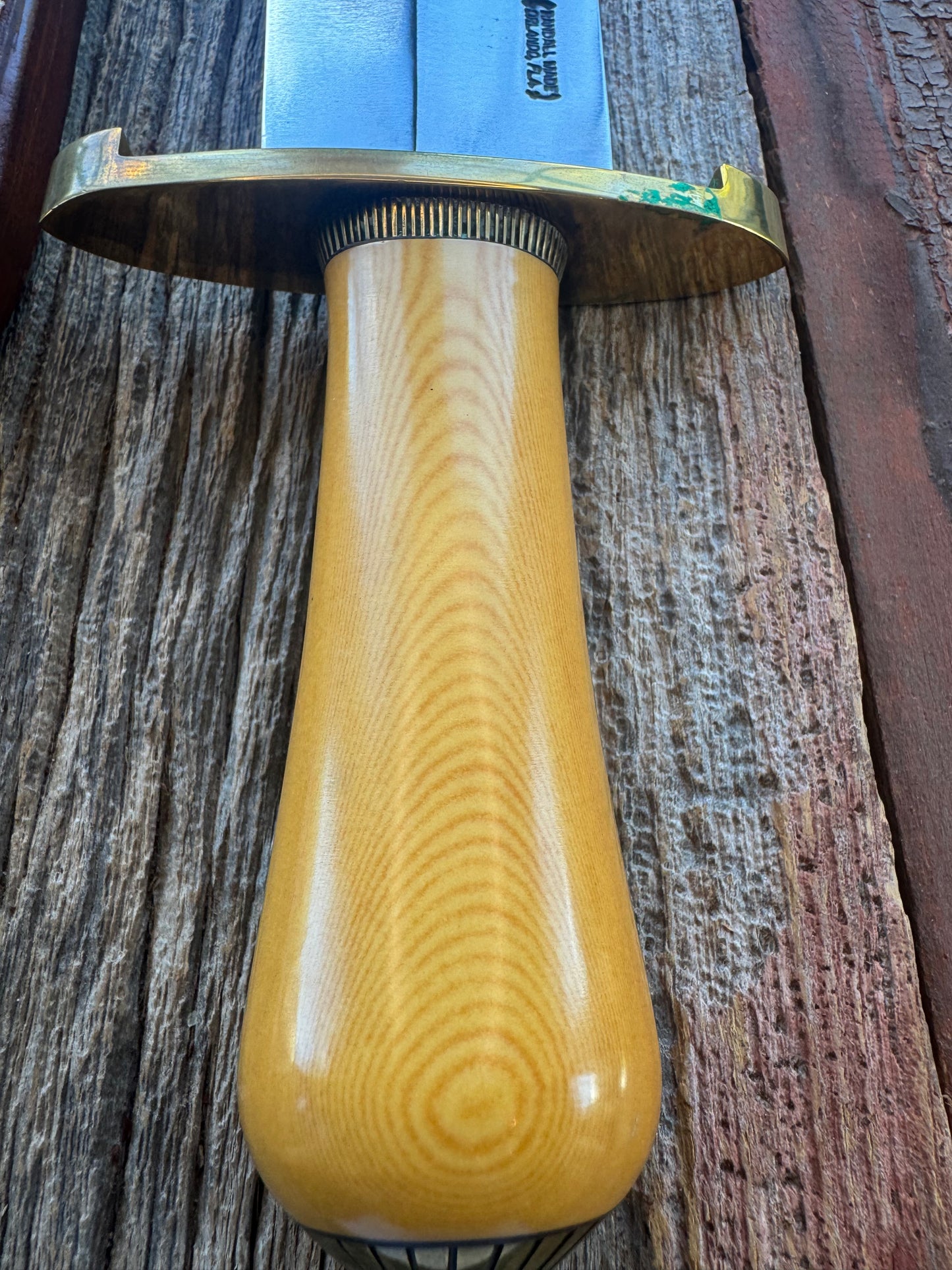 Randall Model Smithsonian in Yellow Westinghouse Micarta, Brass Lugged Hilt, Scalloped Collar and butt cap, Johnson Roughback sheath.