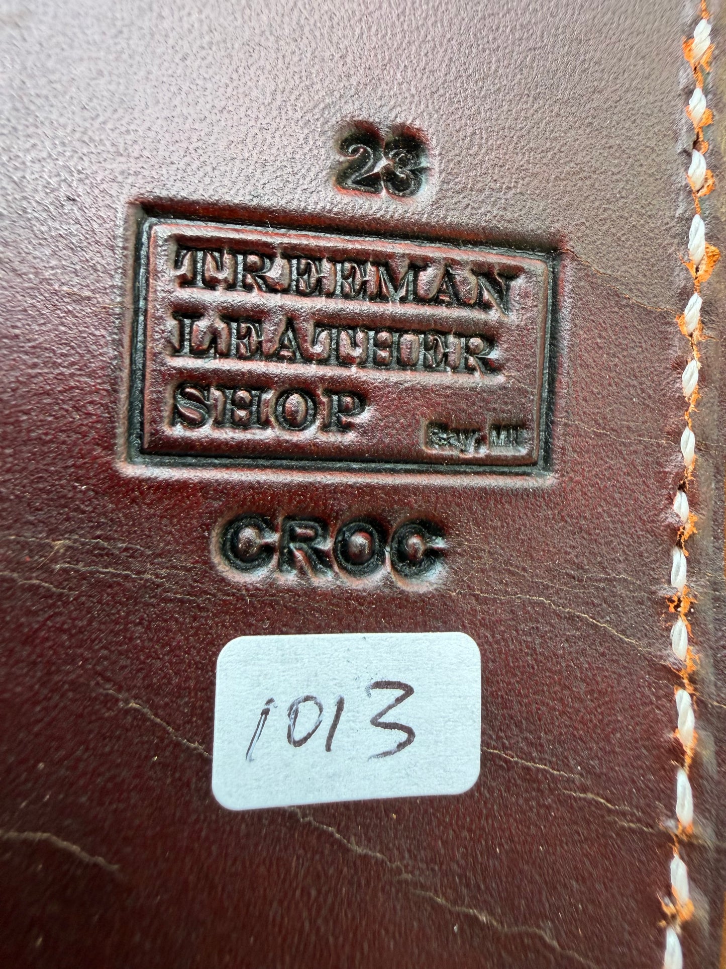 New Randall Model 23 Sheath in Exotic thick and textured Honey Crocodile skin on brown leather from Treeman with a silver Canteen snap. Hand tooled belt loop. Killer sheath.