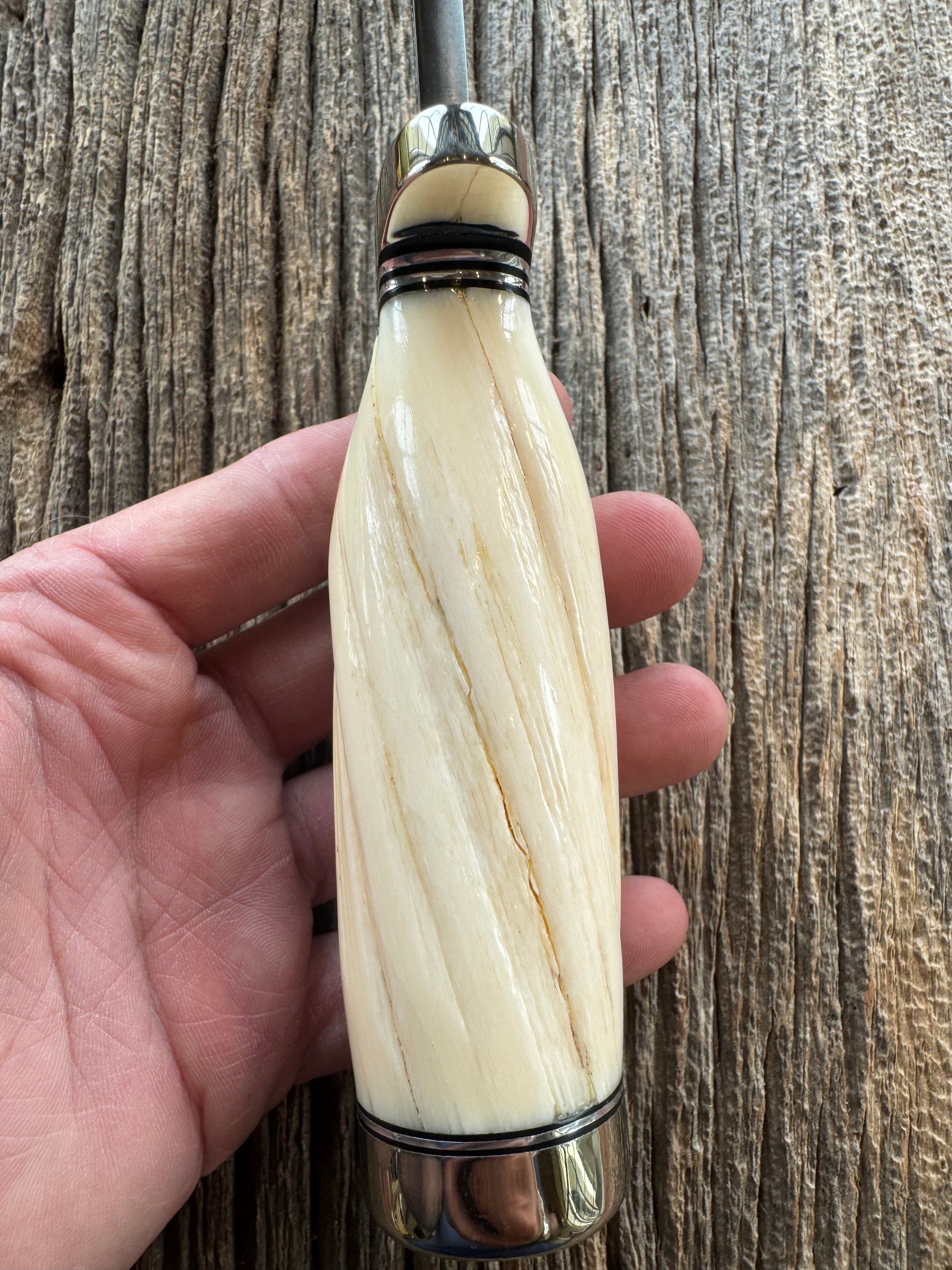 Rare Randall Model Combat Companion in Beautiful Spiraled Narwal, Nickel Silver Hilt and butt cap, black and silver spacers. SS Stunning and rare.