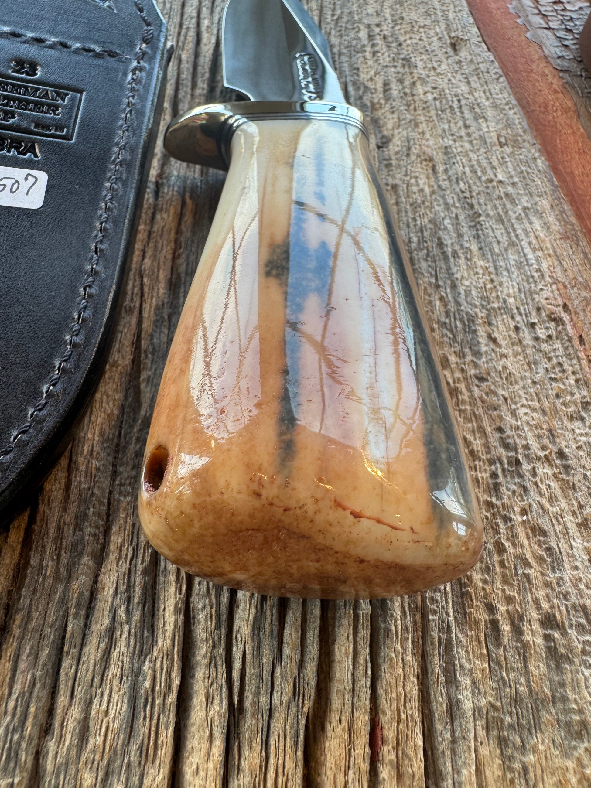 Randall Knife Model 23 Net Weight Artifact Fossil Walrus Handle. Stainless Steel, Natural end. Zebra Sheath.