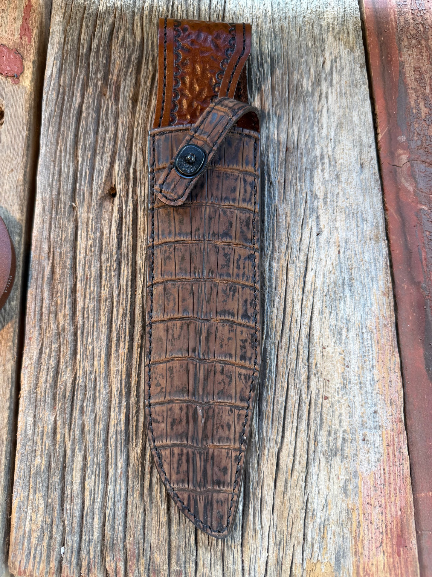 New Randall Model 12-9 Sheath in Exotic Dark Brown Sueded Crocodile from Treeman with the newest Black Canteen snap.