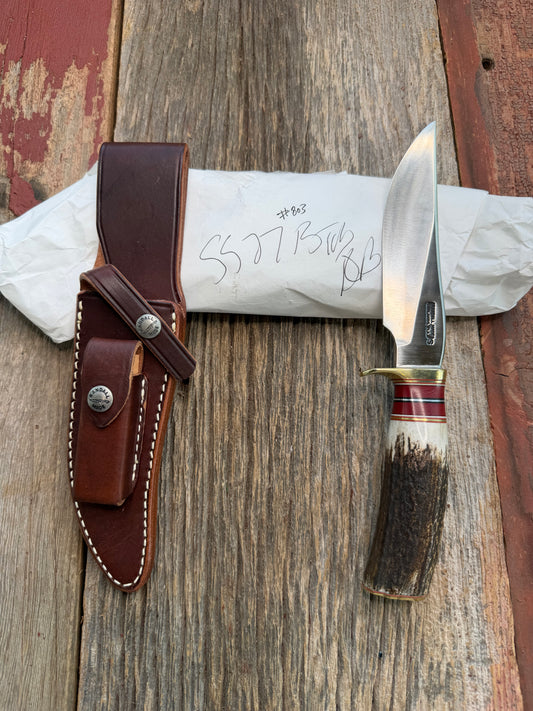 New in Paper Randall Made Knife Model 27-5 with a Stag handle, Stainless, brass single Hilt, red and aluminum spacers, loaded!!