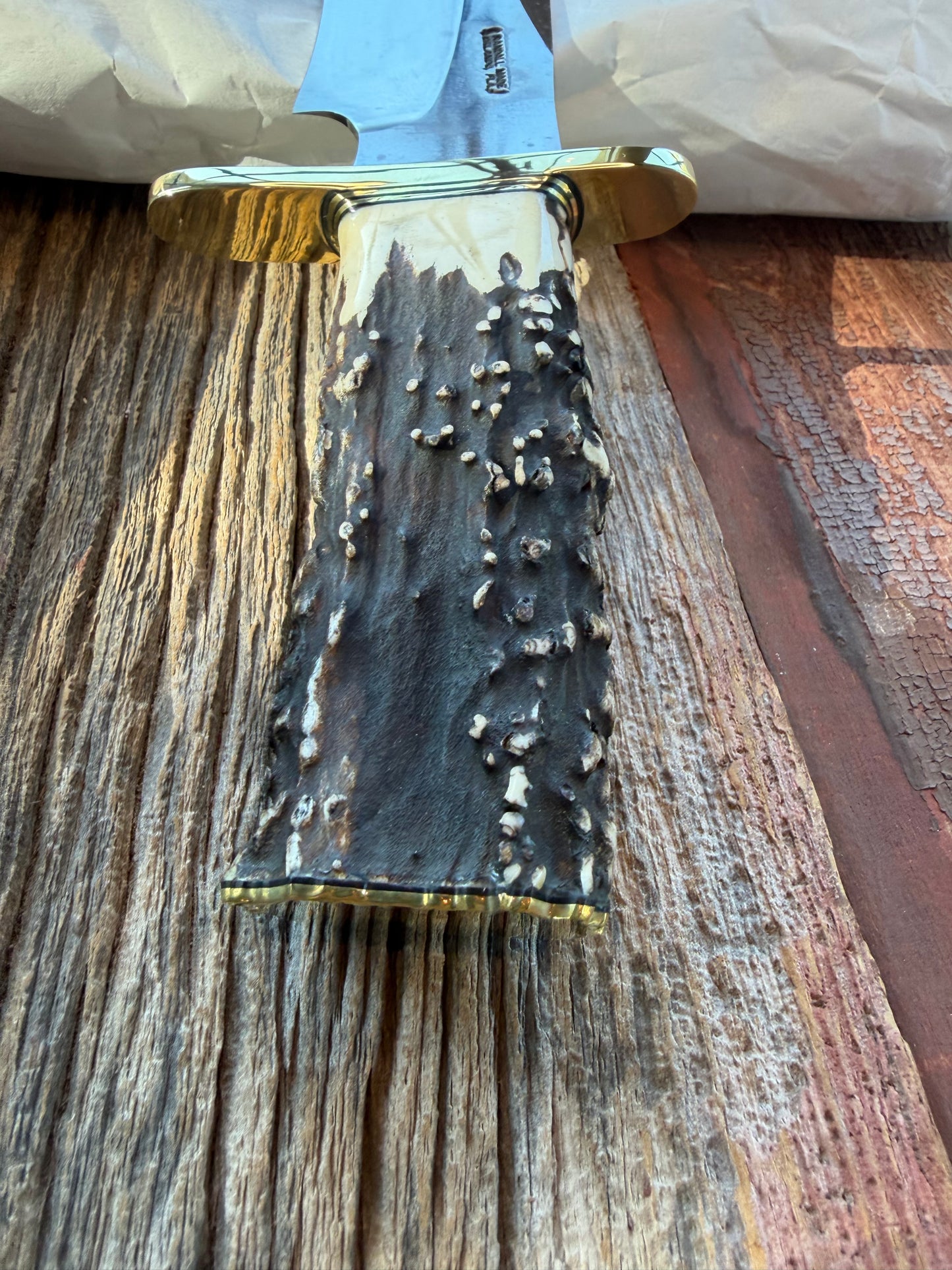 New in Paper Randall Model 12-11 Dealer Special Large Sasquatch with a Huge piece of Popcorn Stag, # 1114 Brass Hilt and butt cap.