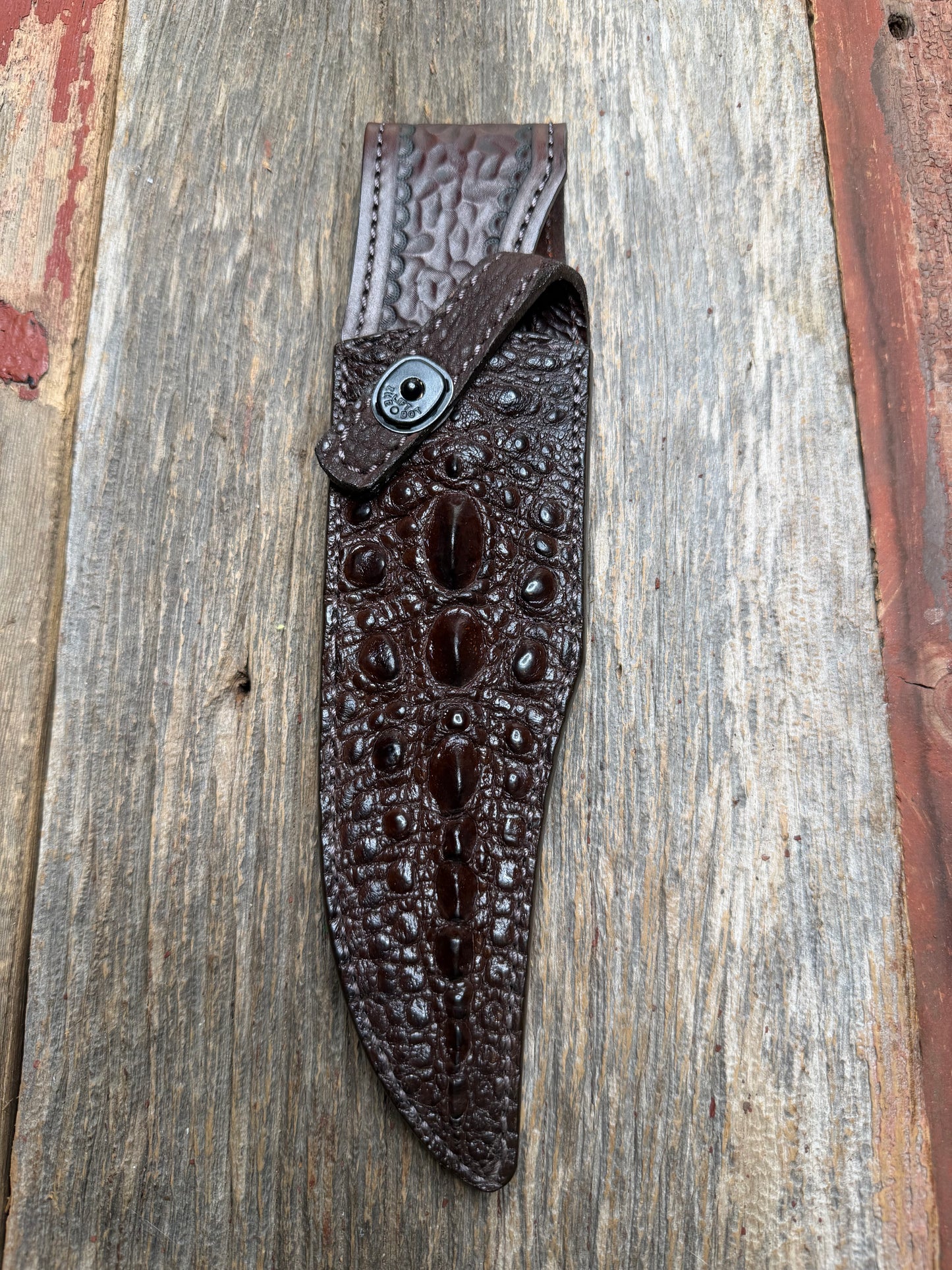 Randall Model 12-8 “Big Bear” Sheath in Exotic Dark Brown Snapping Turtle by Treeman. FCH and new black canteen snap… Spiked Dragon tail portion of the turtle.