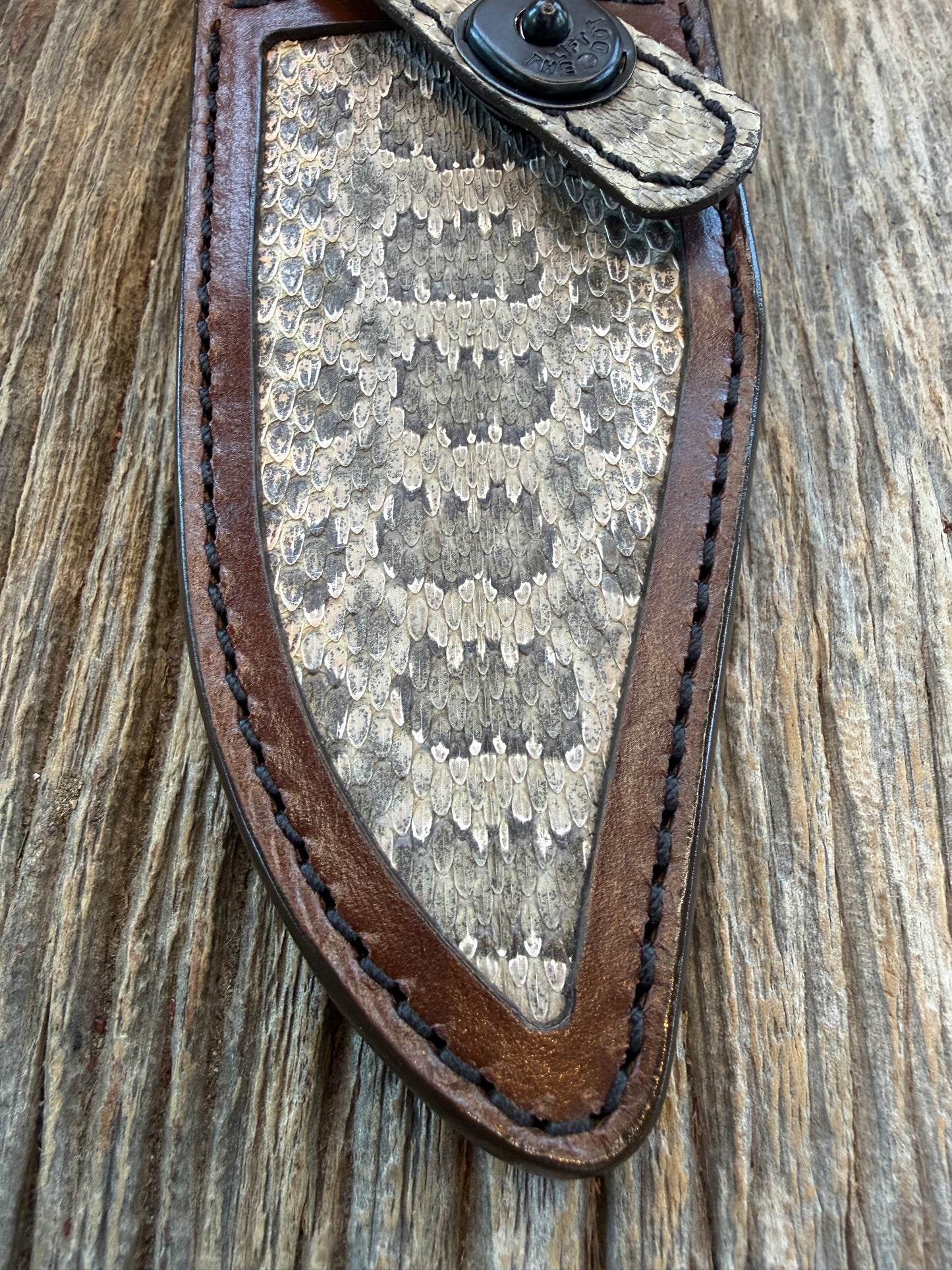 Randall Model 19-5  Sheath in Exotic Prairie RattleSnake from Treeman Sheaths. Tremendous colors on this one.