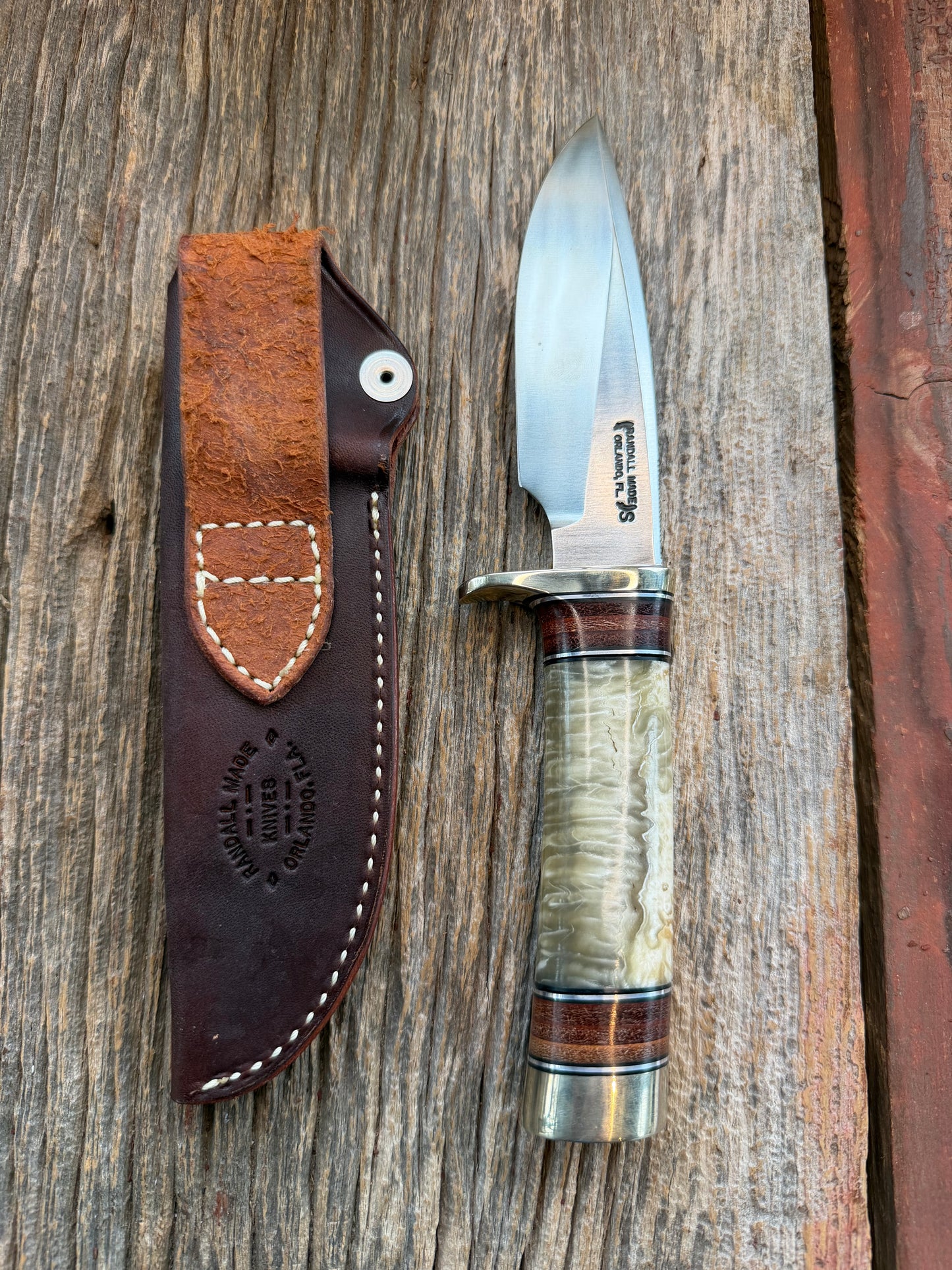 Randall Model 25-5 Trapper in Musk Ox and stacked Leather Stainless Steel NSH