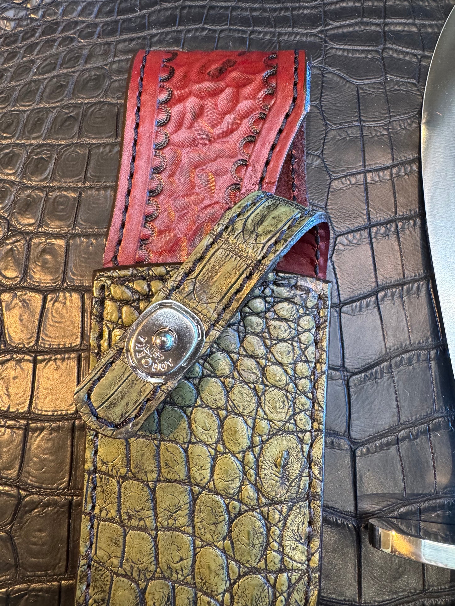 Randall Model 12-8 “Big Bear” Sheath in Exotic Army Green Crocodile by Treeman. (Sheath only)