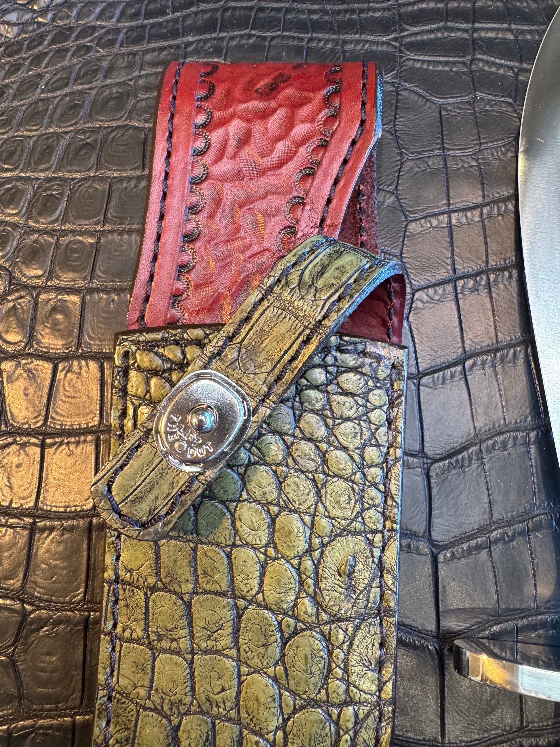 Randall Model 12-8 “Big Bear” Sheath in Exotic Army Green Crocodile by Treeman. (Sheath only)