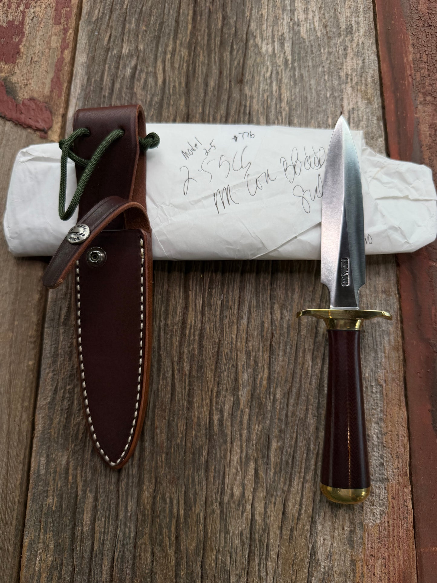New in Paper Randall Knife Model 2-5 Beautiful  Brass Hilt, Collar and rounded Butt cap,Carbon Blade, Maroon Micarta Handle