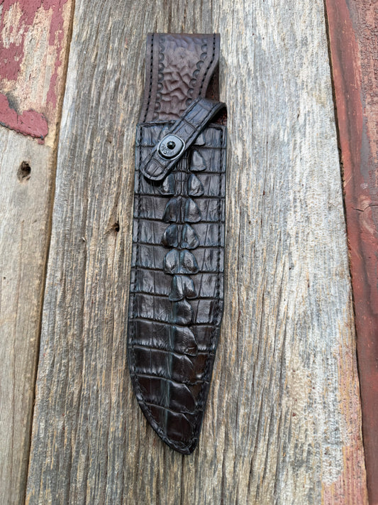 New Randall Model 12-9 Sheath in Exotic Dark Brown Matte Crocodile Tail from Treeman with the newest Black Canteen snap. Killer sheath.