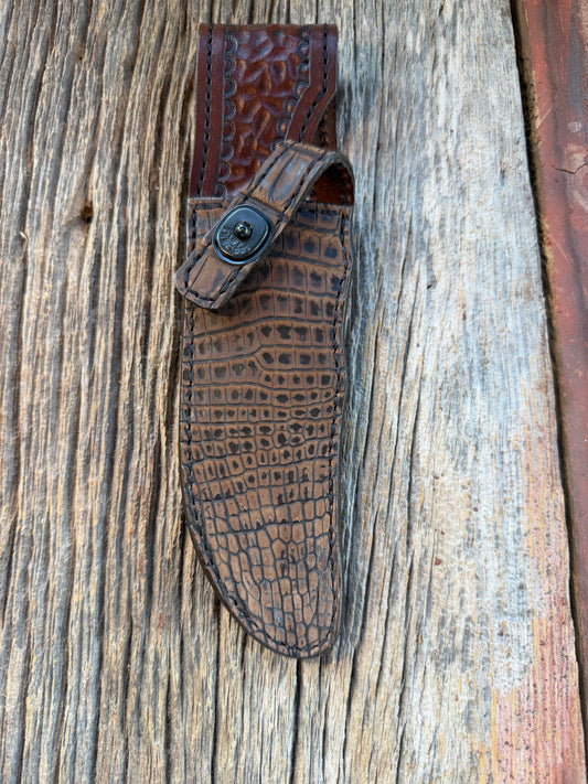 New Randall Model 4-6F Sheath in Exotic Dark Brown Sueded Crocodile from Treeman with the newest Black Canteen snap.