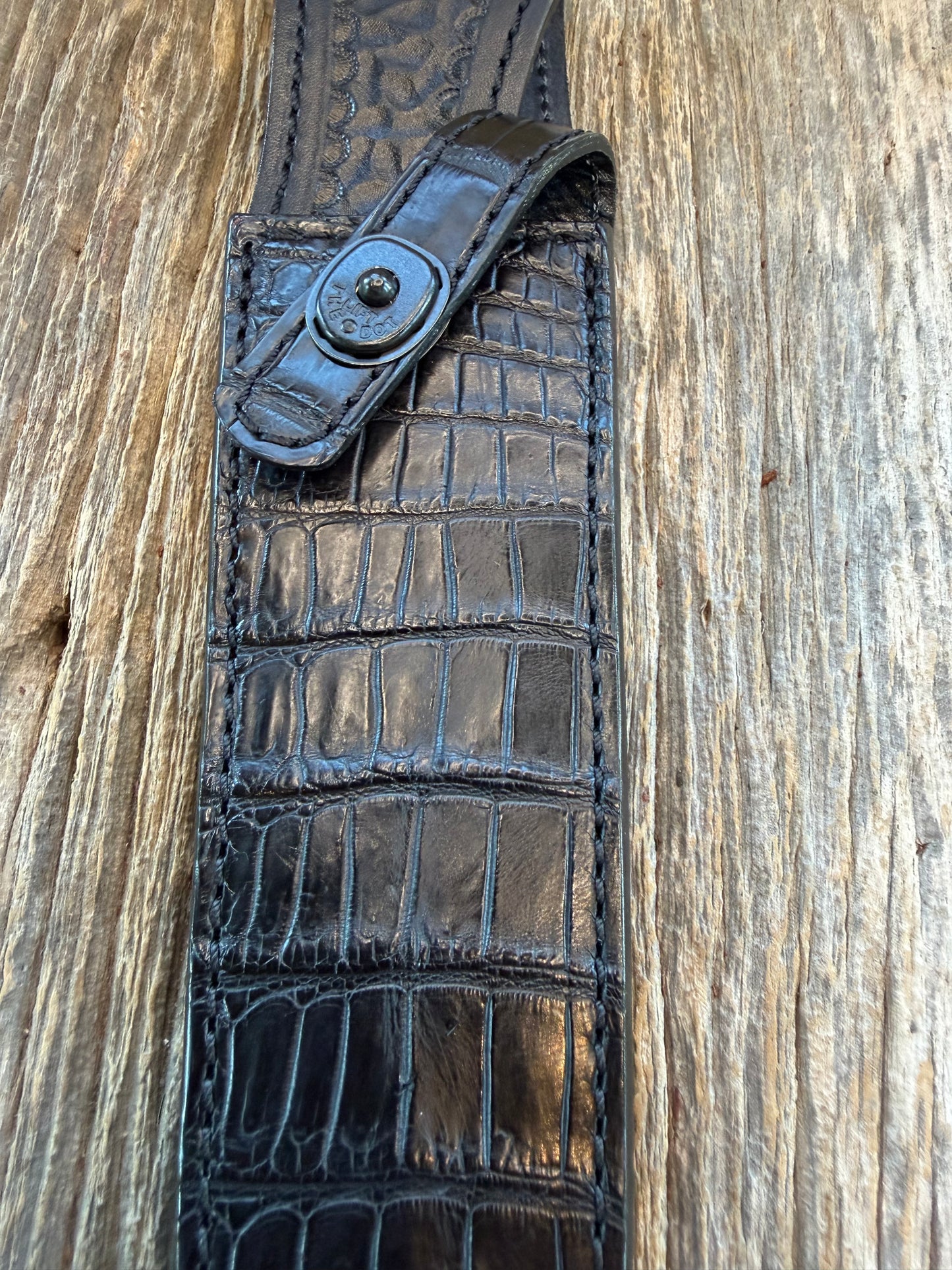 New Randall Model 2-8 Sheath in Exotic Black Crocodile from Treeman. Black canteen Snap .. Johnny Cash Style … All Black.