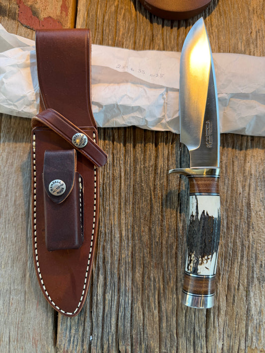 New in paper Randall Knife Model 25-6 Trapper in Stag Leather Handle Stainless Blade, NSH
