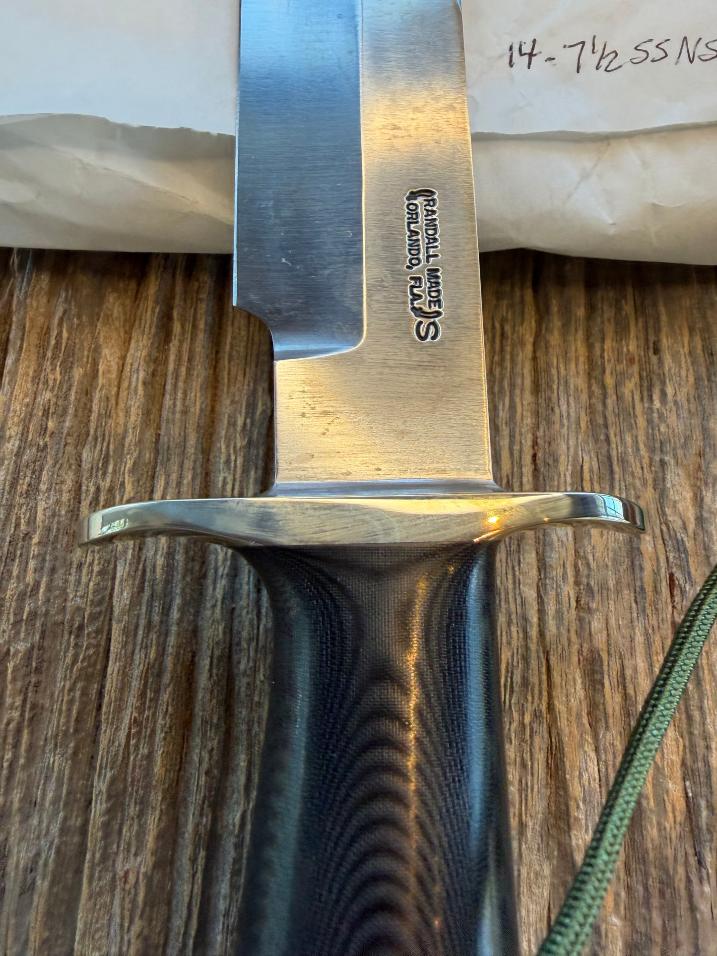 New in Paper Randall Model 14-7.5 in Black Micarta handle, Nickel Silver Hilt, Stainless steel, and Lanyard.