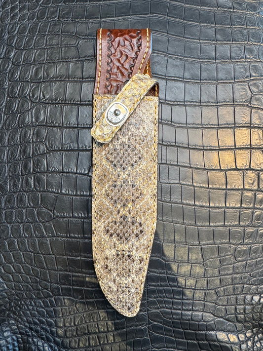 Randall Model 14 in rare Rattlesnake, Straight hilt, Canteen Snap, full brass stamping and stitching.