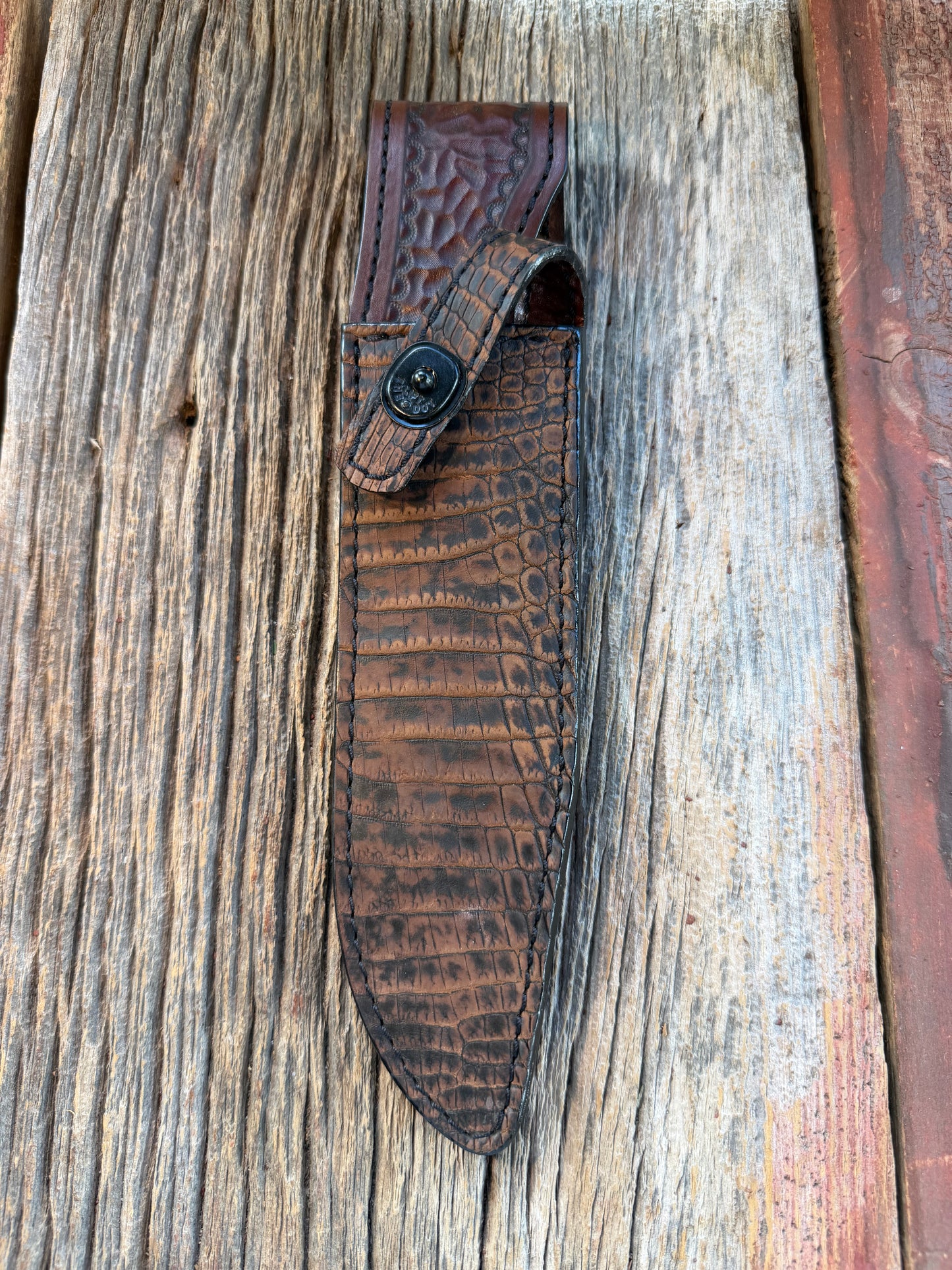 New Randall Model 14 Sheath in Exotic Dark Brown Sueded Crocodile from Treeman with the newest Black Canteen snap.