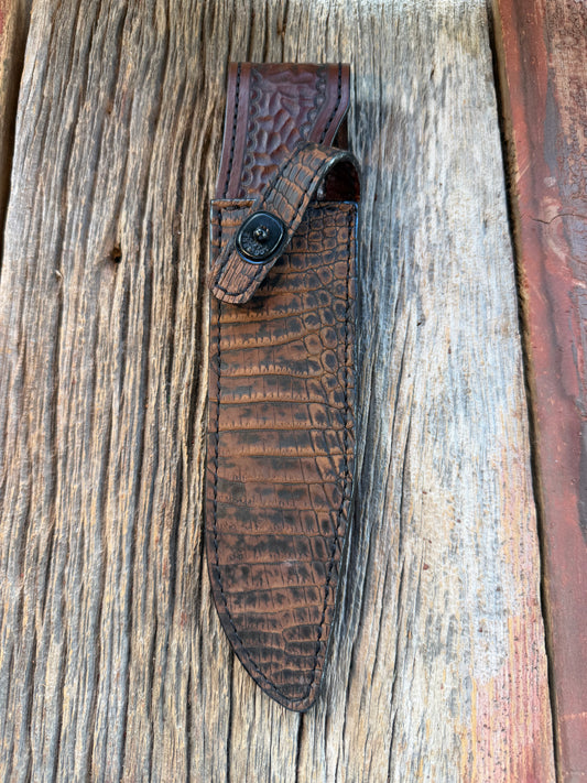 New Randall Model 14 Sheath in Exotic Dark Brown Sueded Crocodile from Treeman with the newest Black Canteen snap.