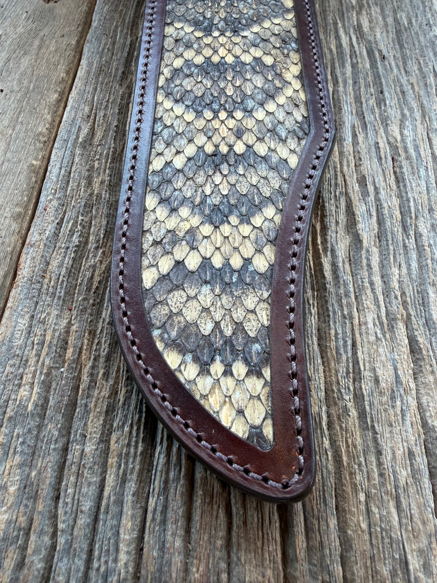Randall Model 12-11 Smitty Sheath in Exotic Eastern Diamondback RattleSnake from Treeman Sheaths. Tremendous colors on this one.
