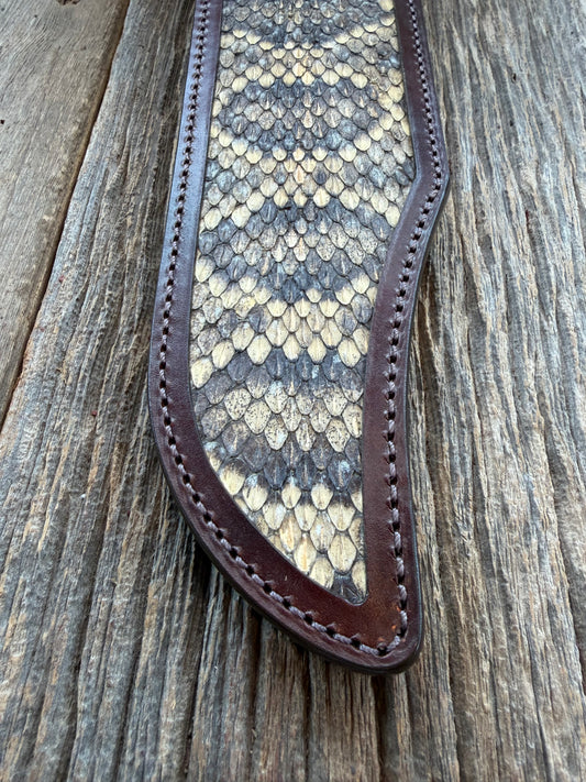 Randall Model 12-11 Smitty Sheath in Exotic Eastern Diamondback RattleSnake from Treeman Sheaths. Tremendous colors on this one.