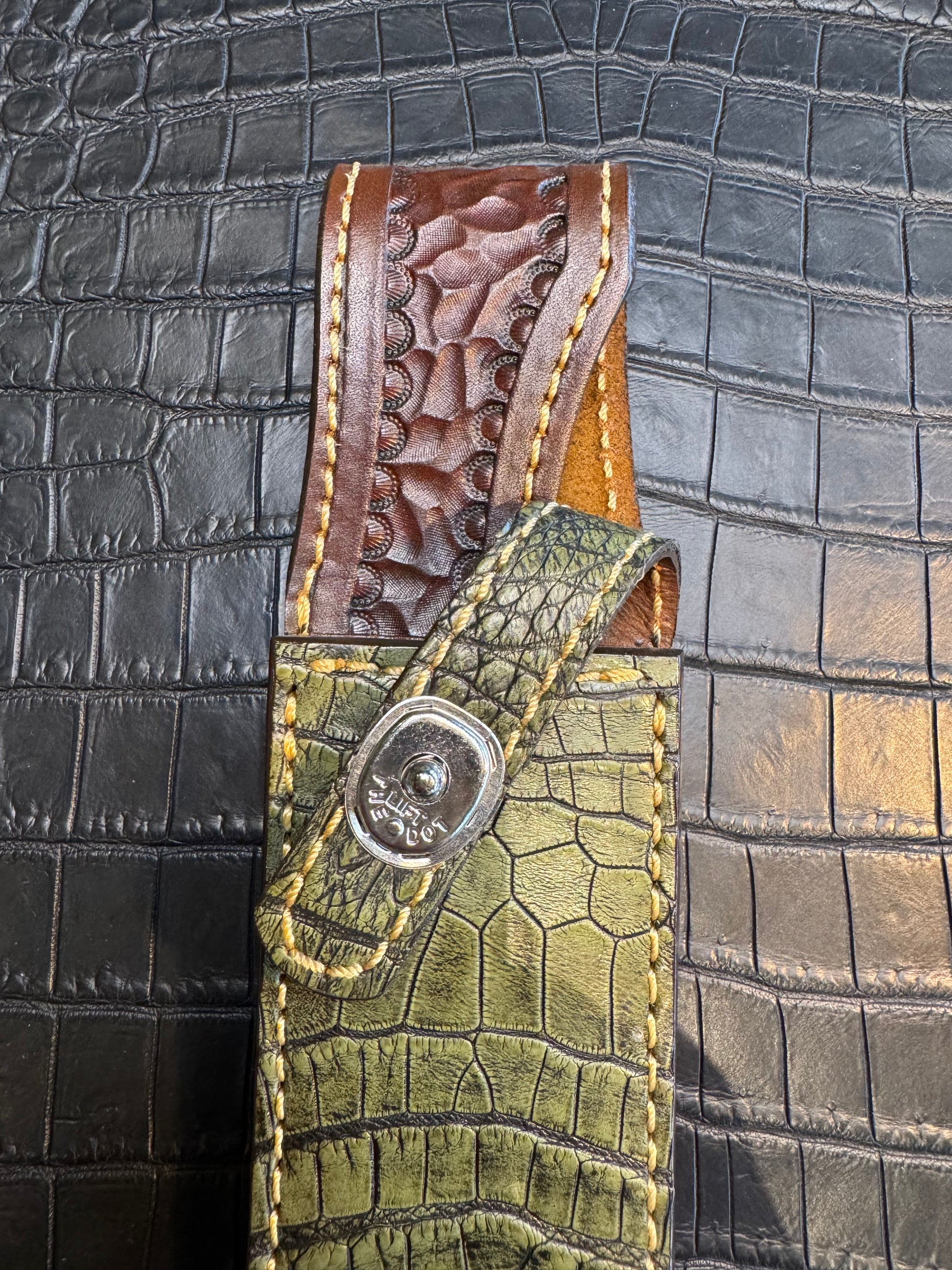 Randall Model 1-8 in Army Green Crocodile. Straight hilt, Canteen Snap, full brass stamping and stitching.