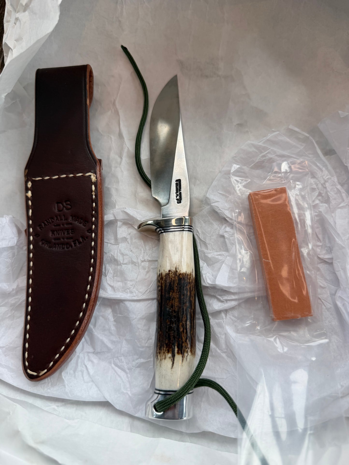 New in Paper Randall Made Knife Model Denmark Special Stainless Nickel Hilt, Wrist thong.