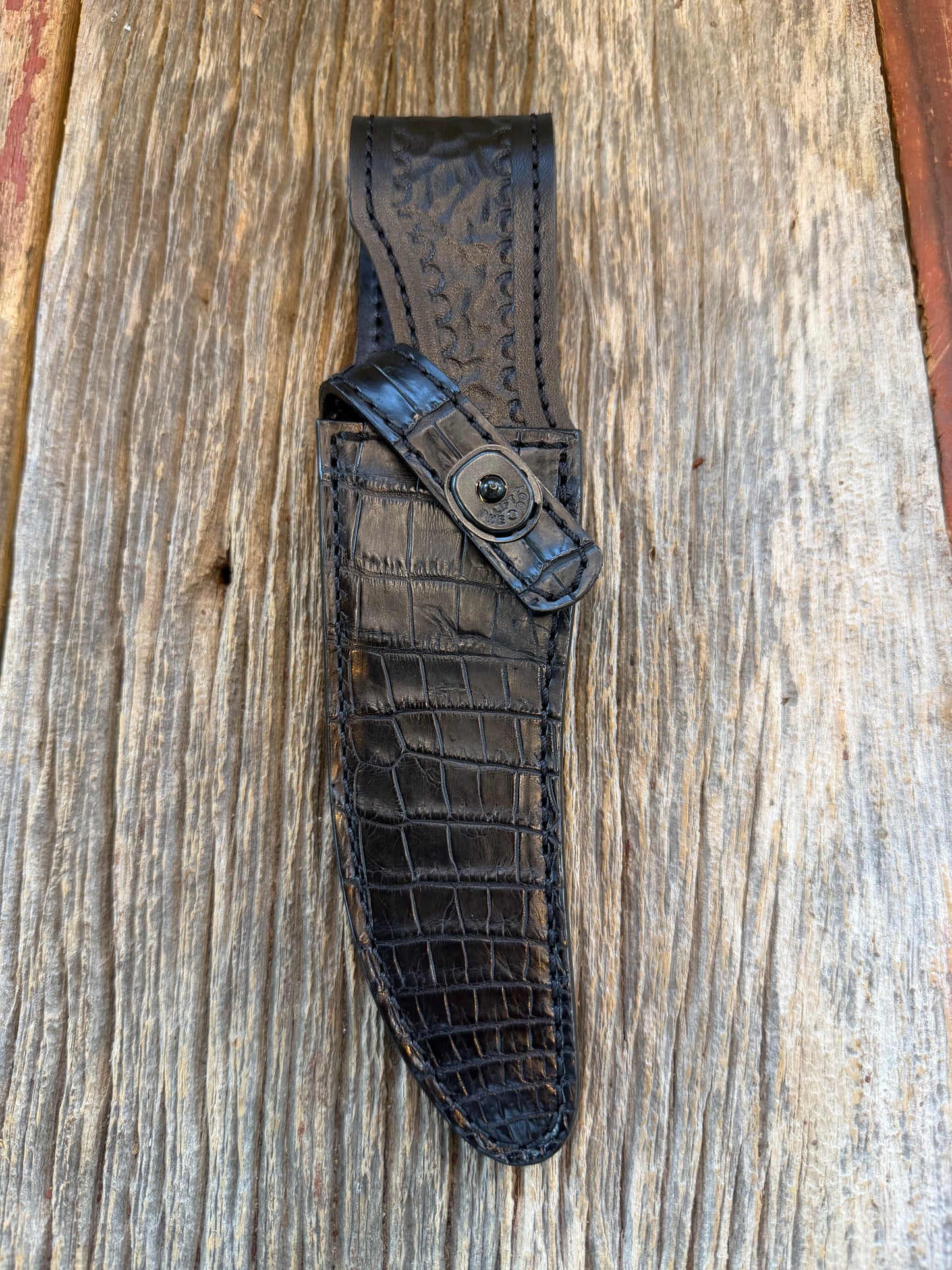 New Randall Model 27 Sheath in Exotic Black Crocodile from Treeman. Black canteen Snap .. Johnny Cash Style … All Black.