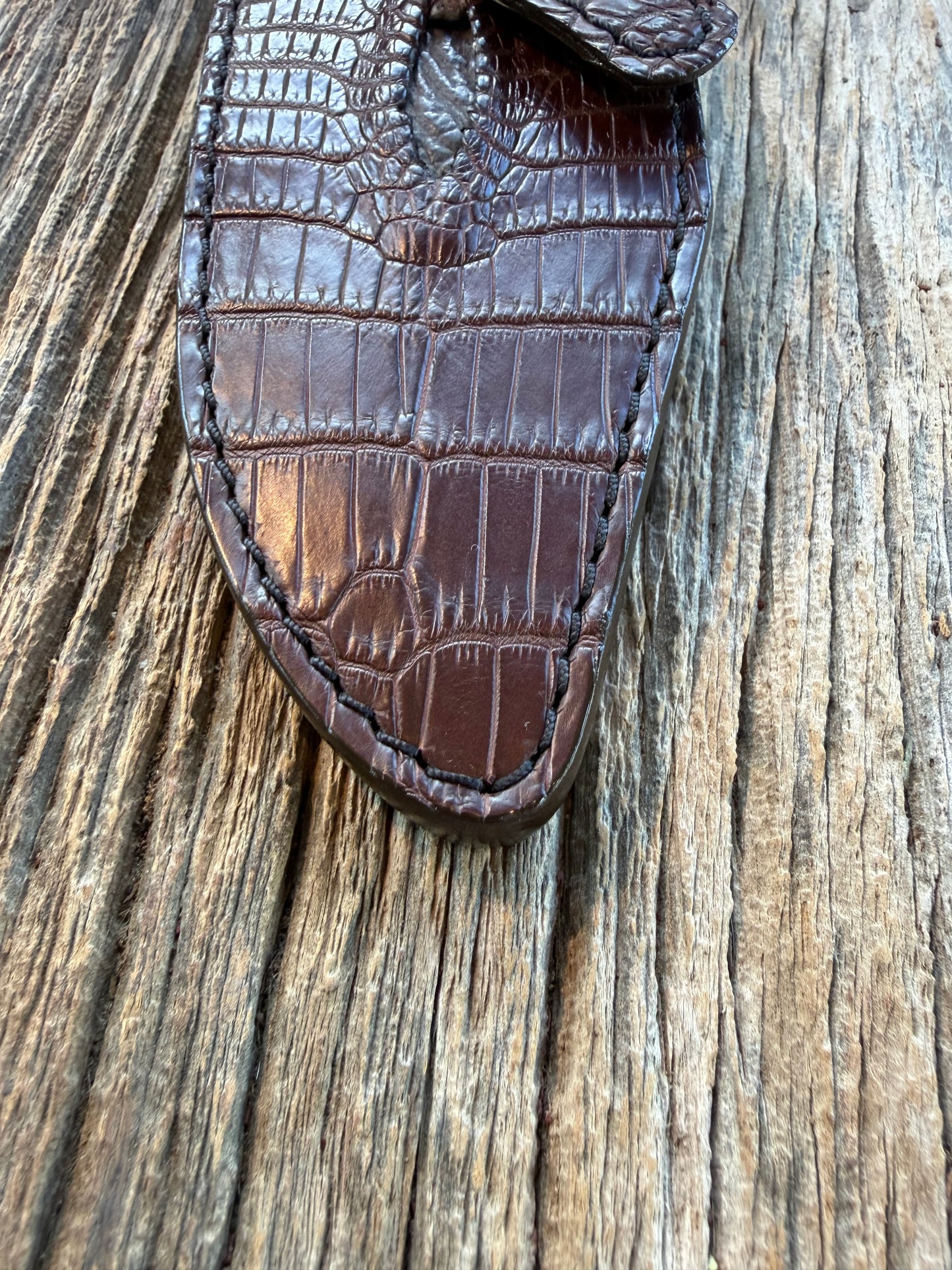 New Randall Model 19-5 Anus Sheath in Exotic Dark Brown Crocodile from Treeman with the newest Black Canteen snap.