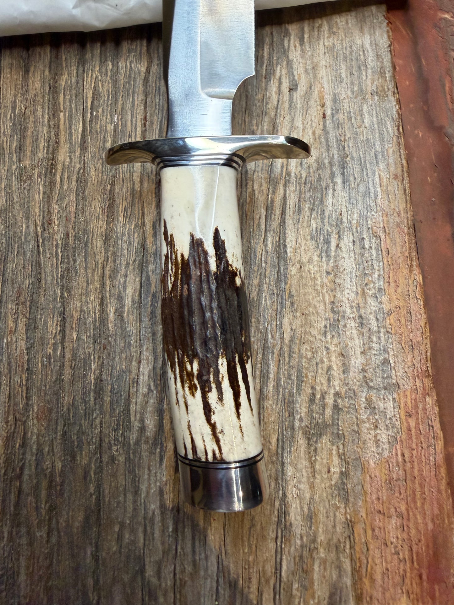 New in Paper Randall Made Knife Model 1-8 Stag , Stainless, Black and Aluminum  spacers, Nickel Hilt.