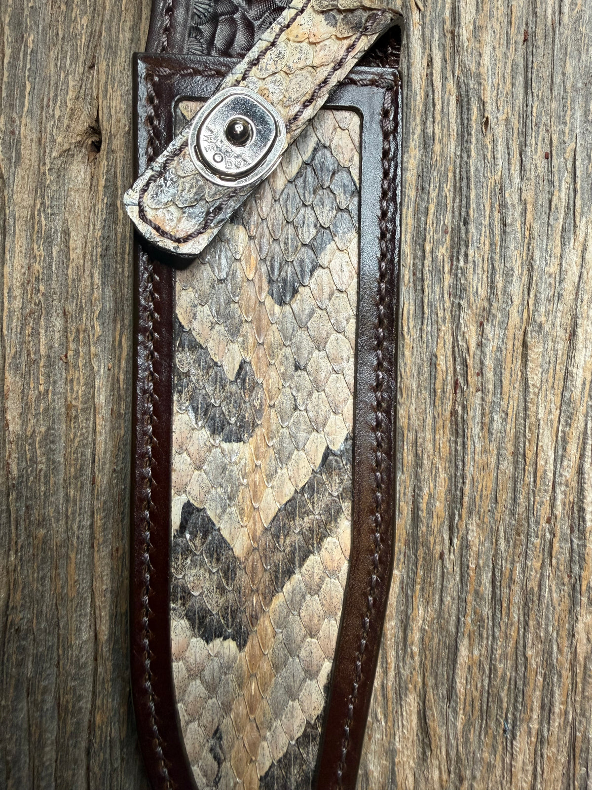 Randall Model 14 sheath with a Canebrake RattleSnake skin from Treeman Sheaths. Vibrant colors and along side Copperheads the hardest skin to source.